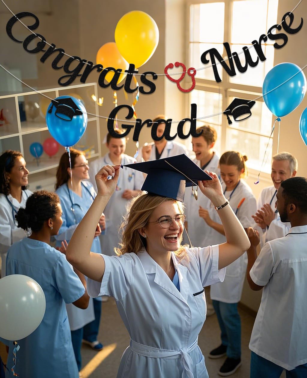 Congrats Nurse Grad Banner,Nursing School Graduation Party Decoartion,Class Of 2025 Congrats Nurse Rn Bsn Grad Party Supplies Black Glitter Double-Sided - Image 2
