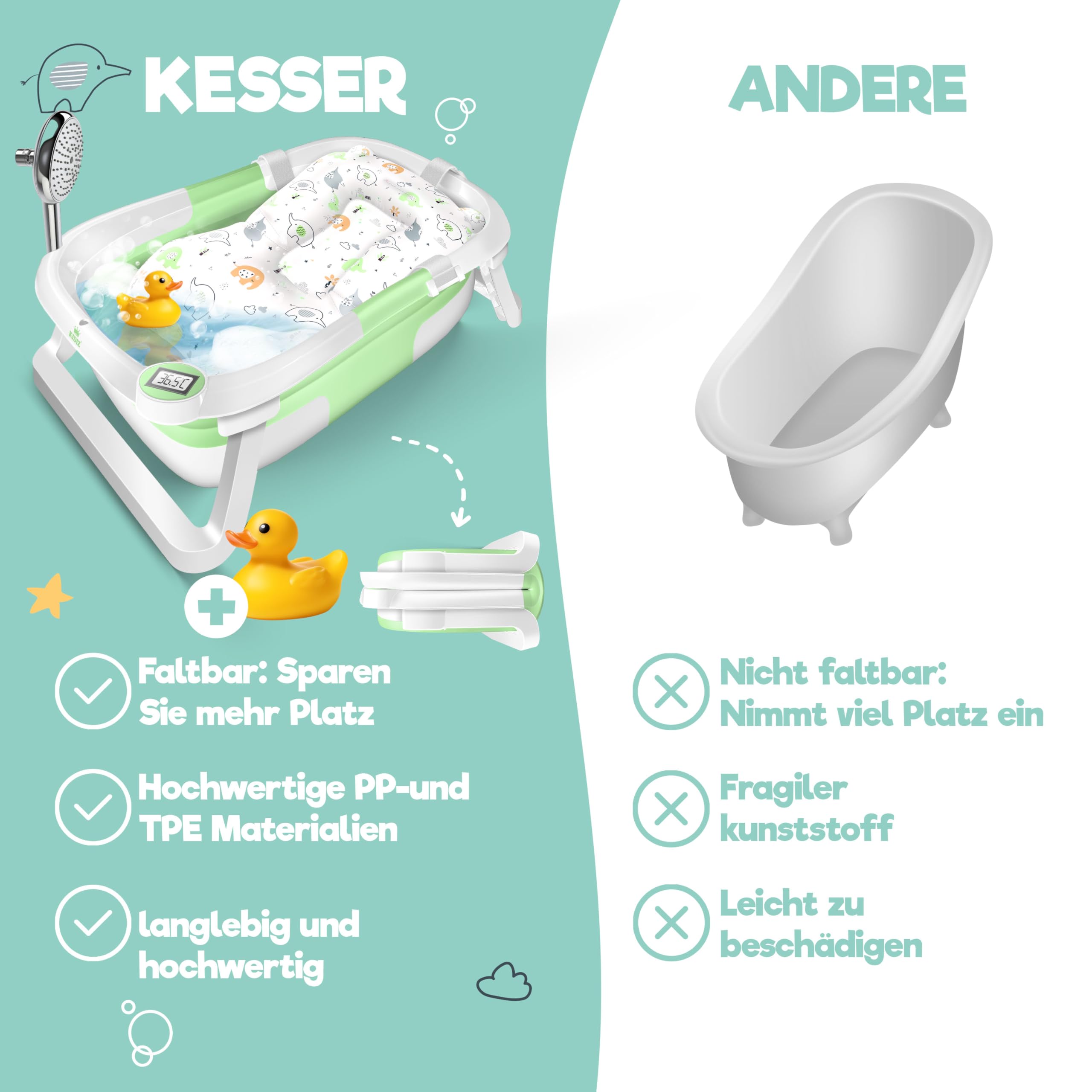 KIDIZ Vasca da bagno per bambini | Navicella salvaspazio e pieghevole | Piatto doccia per neonati da 0 a 24 mesi | Doccia da viaggio portatile per bambini | Bathtub ergonomico con termostato e cuscino