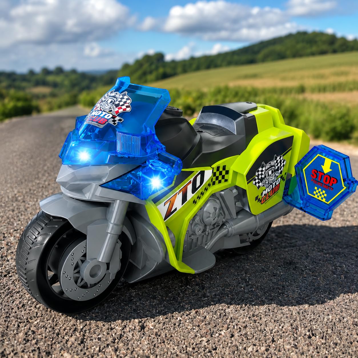 Moto de juguete con luces de sonido real, música, mega-moto, luces LED y sonidos, 27 cm, movimiento con ruedas libres, pilas incluidas, motor deportivo, motoclub, multifunción, con compartimento para
