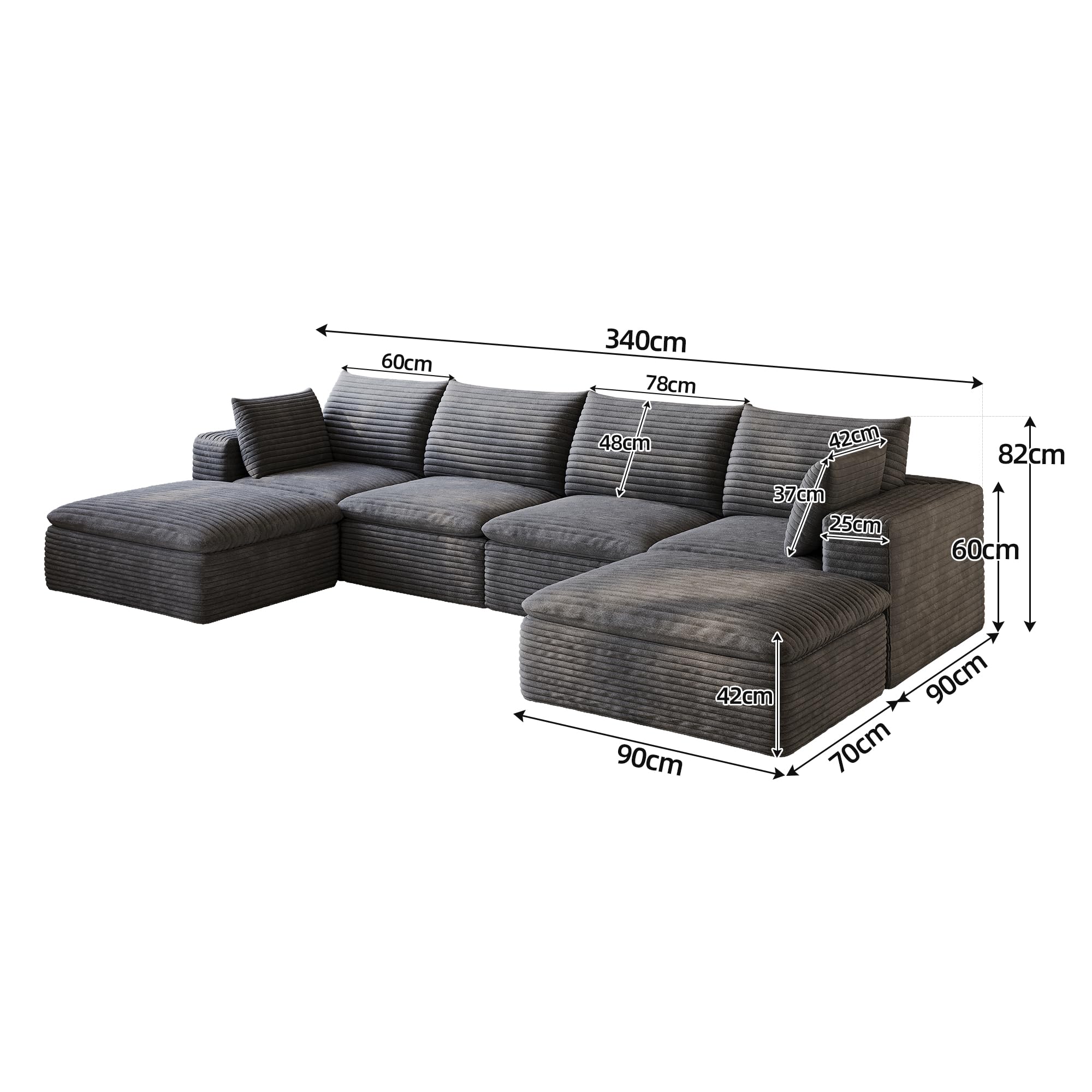 Sofá modular en la nube de pana suave, sofá sin boneless, sofá esquinero con función de dormir, acolchado extraíble, sin montaje, para salón, dormitorio y apartamento, gris oscuro