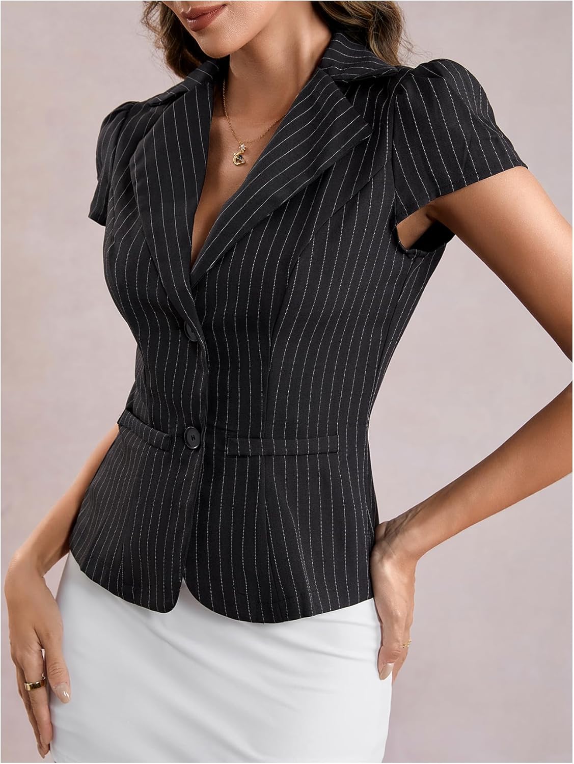 SweatyRocks Women's Striped Button Down Blouse Puff Short Sleeve Collared Office Dressy Shirts - Image 6