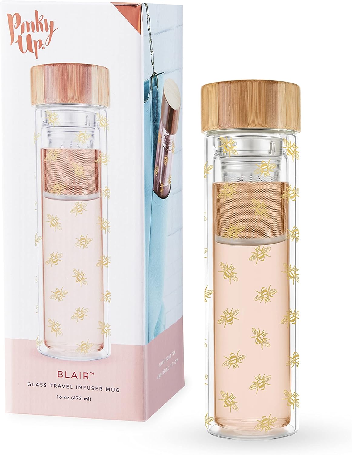 Pinky Up Blair Tea Infuser Mug with Strainer and Lid, Double Walled Glass Tumbler for Home Office, Travel, Picnic, Camping, 16 oz, Set of 1, Arabesque Gold