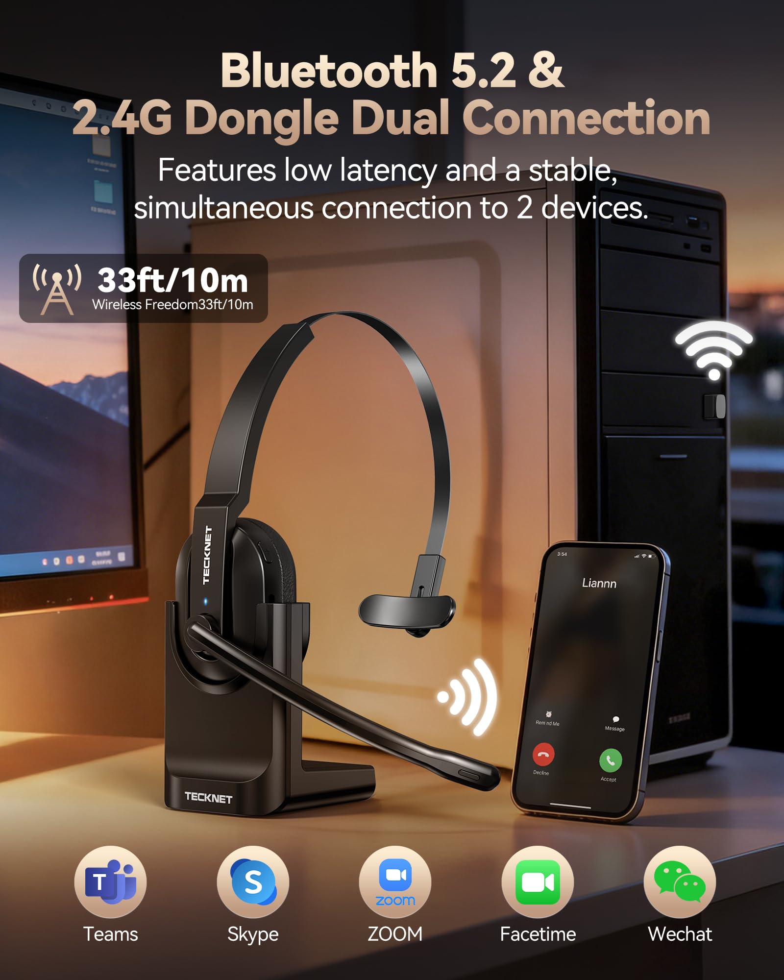 TECKNET V5.2 Bluetooth Headset mit Mikrofon, Wireless Headset mit Ladestation, MIC ENC Noise Cancelling kopfhörer, USB-Dongle, On-Ear Headset kabellos für Trucker/Callcenter/Büro – 60+ Std. Akku