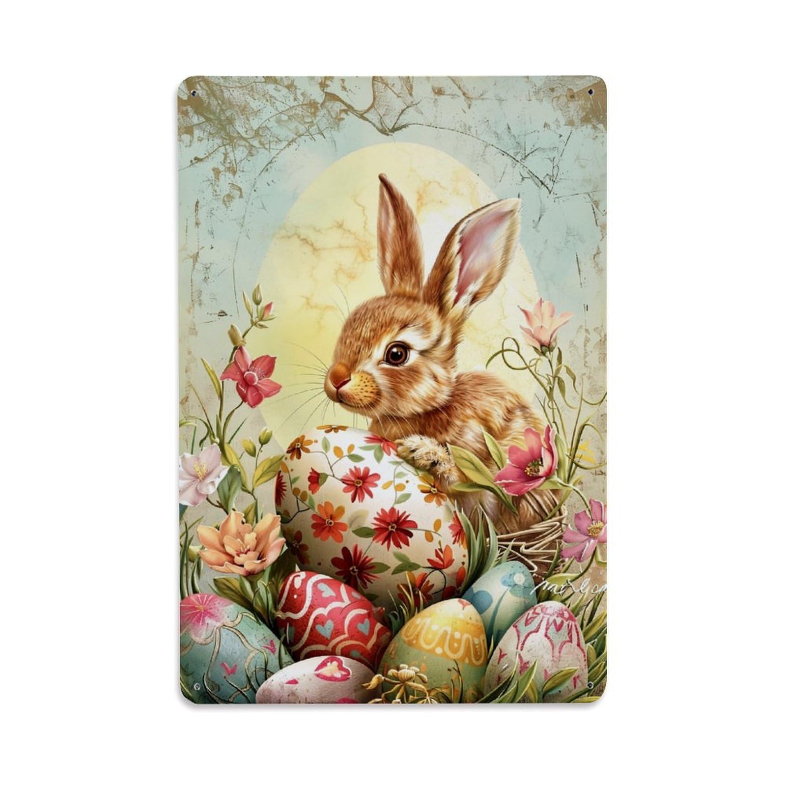 Jdfenggu Vintage Floral Pattern Easter Eggs Bunny Retro Metal Tin Sign, Decor Art Poster For Bar, Home, Man Cave, Kitchen, Laundry Room Gift 8X12inch