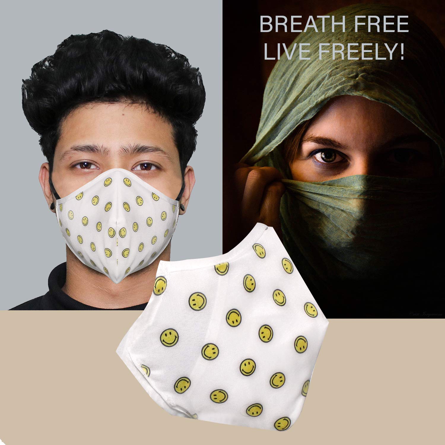 ORILEY ORSM04 Smiley Washable & Reusable Face Mask with 2 Replacement Filter & Adjustable Headloop Elastic Breathable Protective Mouth Cover (10 Pcs) 2