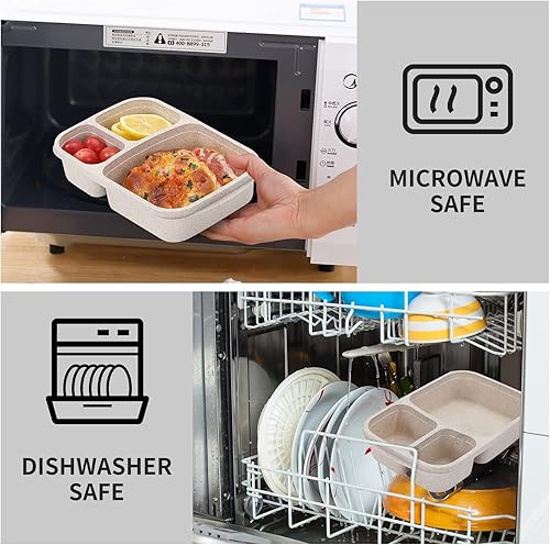 Miniatura 6 de buluker Juego de 8 cajas de almuerzo Bento, 3 compartimentos, paja de trigo, recipientes de almacenamiento de alimentos, de plástico, aptas para