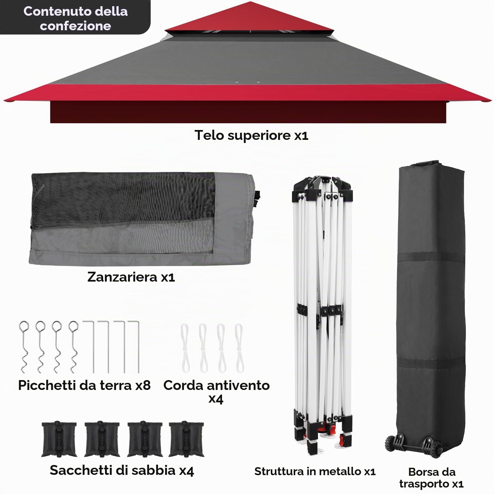 Gazebo pieghevole 3,3x3,3 m, con 4 pannelli laterali in zanzariera, One Push tenda con doppio tetto, Gazebo impermeabile da giardino 4 PCS sacchi di sabbia, per mercato/campeggio, Rosso Grigio