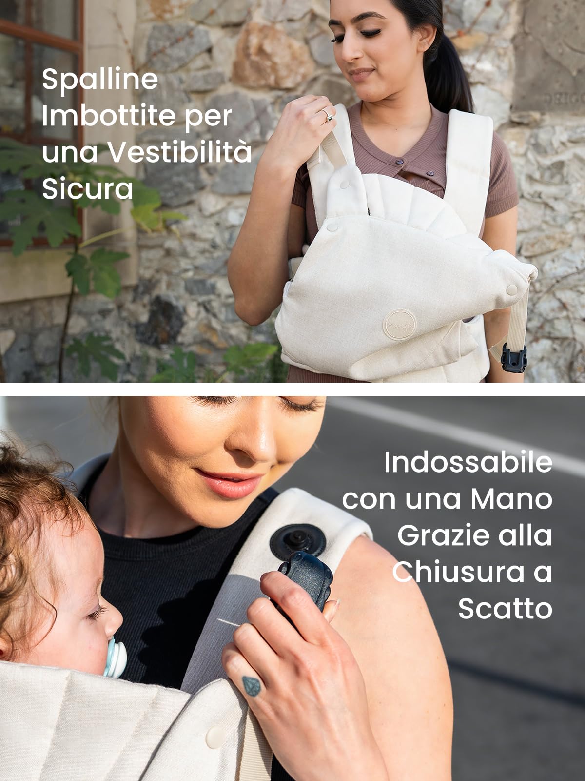 Grownsy Marsupio Neonato Ergonomico(3–20 kg, 3–24 mesi), Fibbia a Sgancio Rapido a un Tocco, Facile da Indossare, Poggiatesta, Leggero, Confortevole e Regolabile(Bianco crema)
