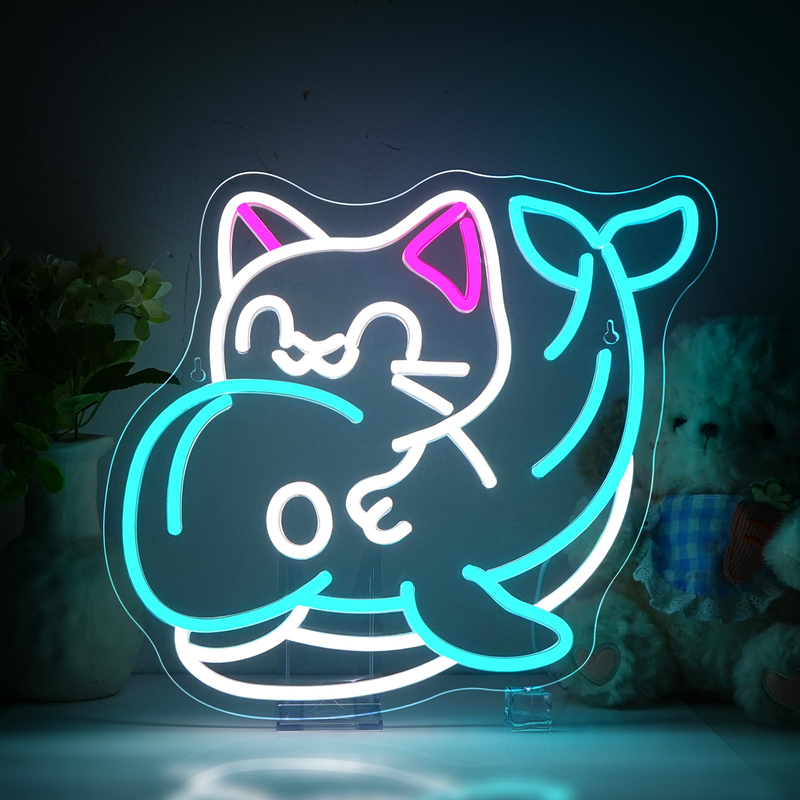 NOXET Kätzchen Delphin Neon Schild,Katze Dolphin Neon Sign,Delphin-LED-Schild Nachtlicht,Ocean Dolphin Neons Led für Schlafzimmer Art Decor,Kinderzimmer Dekoration Kreativ Urlaub Geschenk