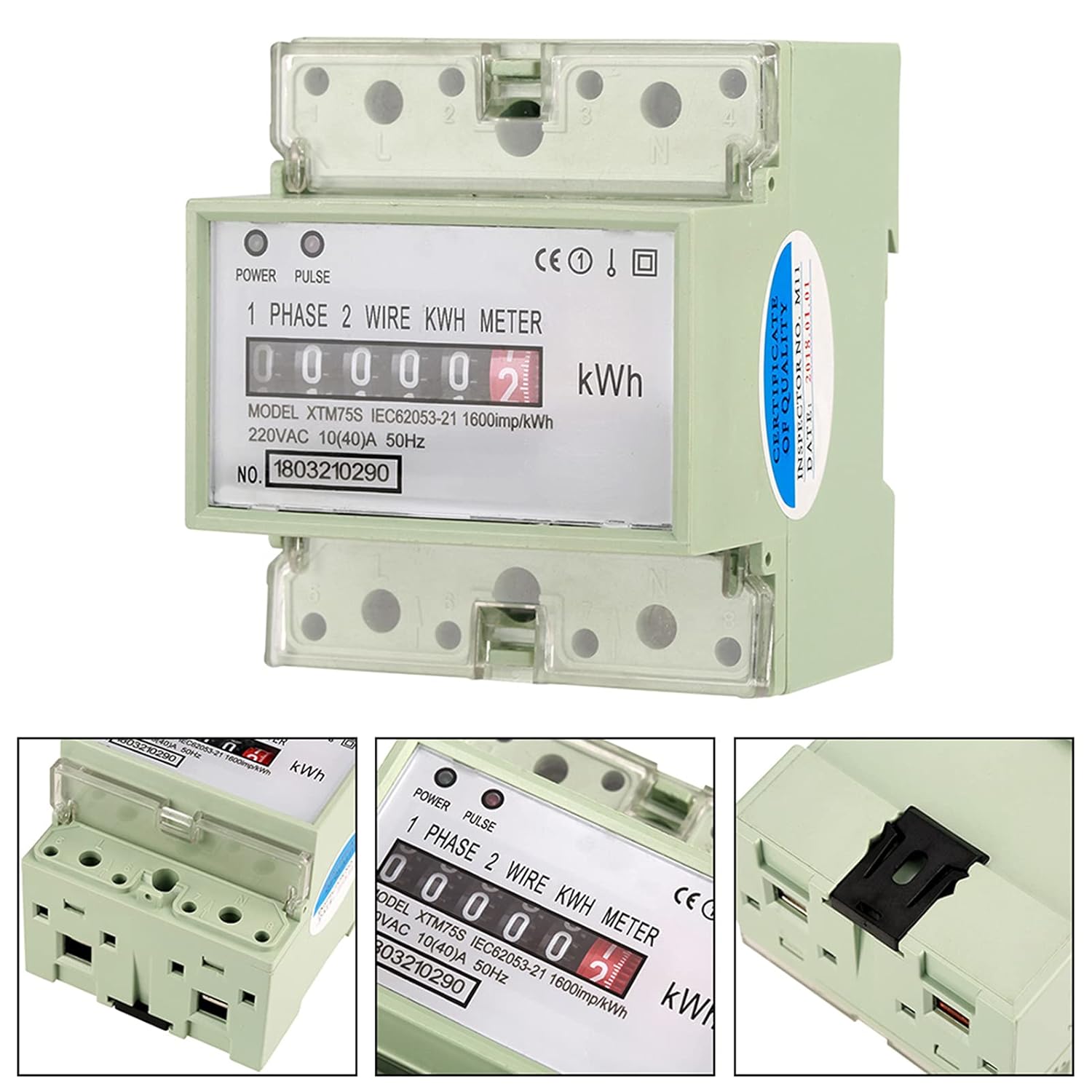 Electric Meter DIN Rail Electronic KWh Meter, 220V AC Digital Single Phase Wattmeter 2 Wire 4P Energy Meter