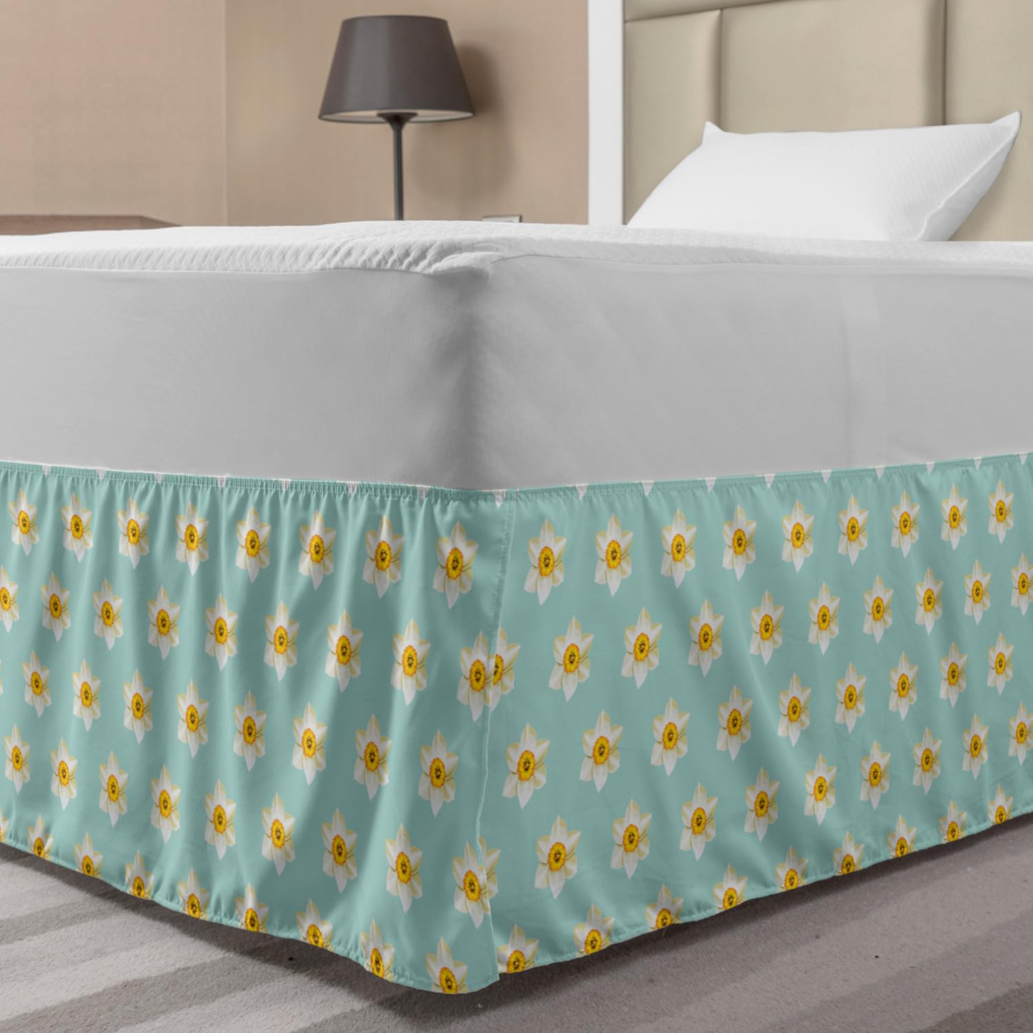 Lunarable Daffodil Bedskirt Pastel Nature Pattern with Spring Field Theme Narcissus Flower Heads Bedroom Decor Wrap Around Elastic