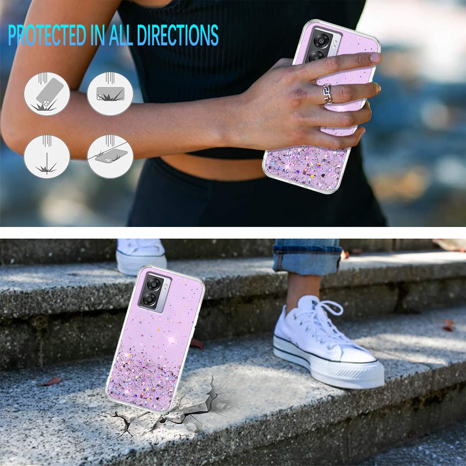 Wousunly Compatibile con Cover Oppo A77 5G Glitter Trasparente,Custodia Oppo A57 5G Sottile Silicone Brillantini Case (rosa