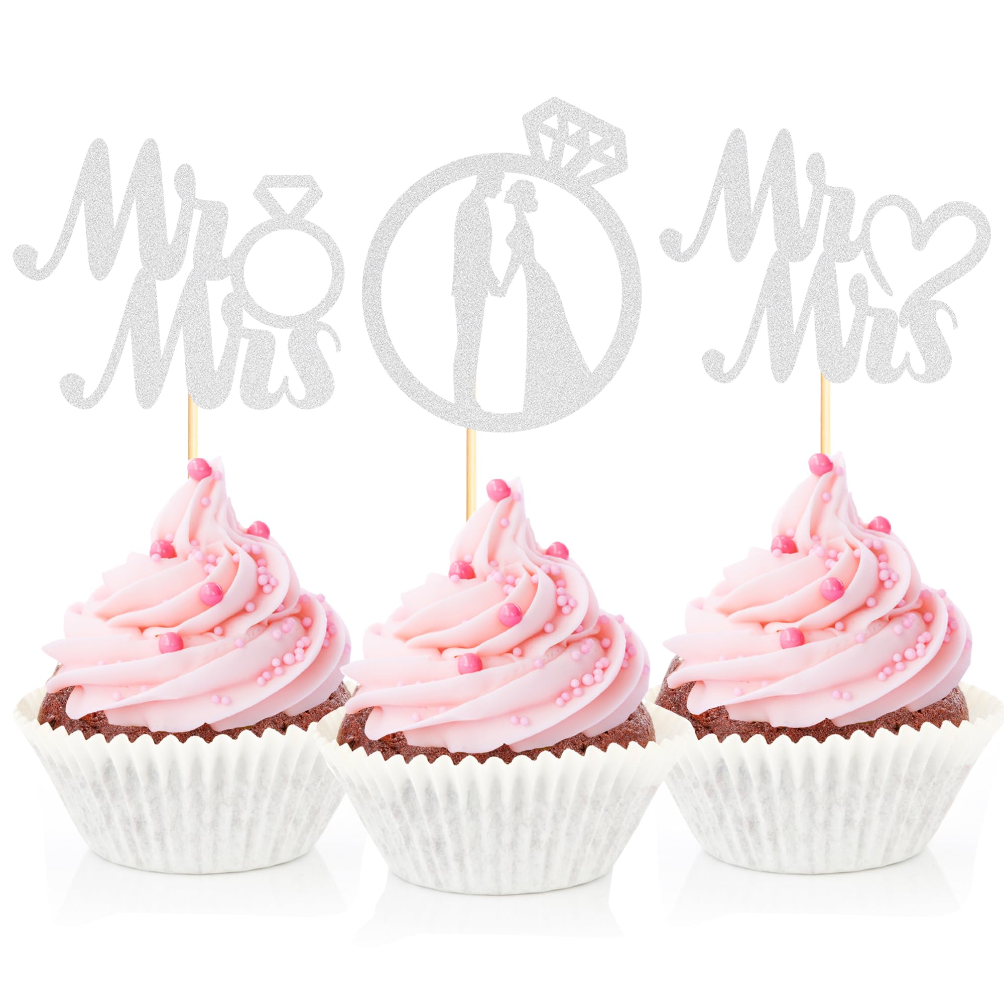 Sotpot 24PCS Miss to Mrs Cupcake Toppers with Ring Silver Glitter Bridal Shower Cupcake Picks for Wedding Engagement Bachelorette Party Cake