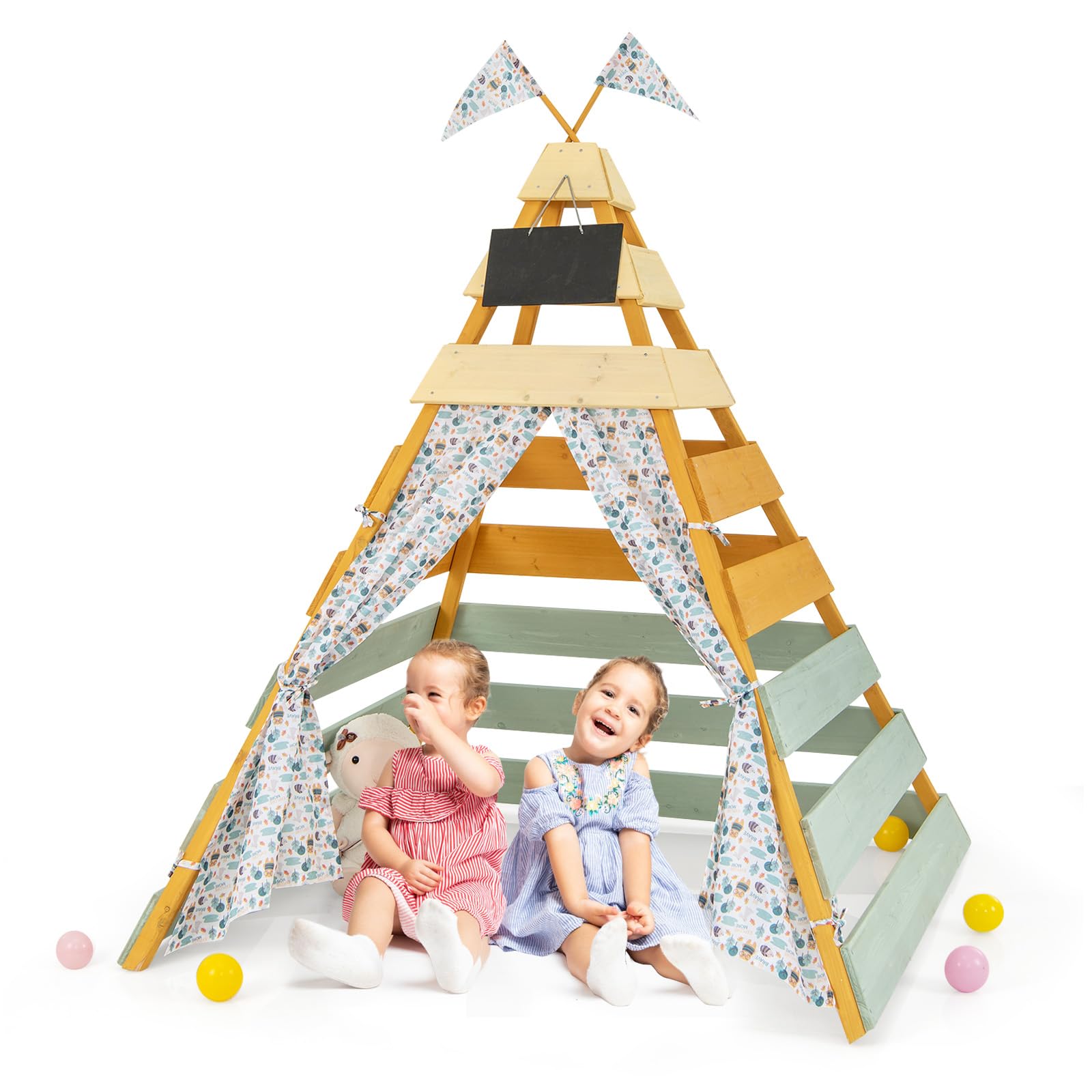 Costzon Kids Tent, Large Wooden Indoor Outdoor Triangle Hideaway Playhouse with Machine Washable Flags, Removable Chalkboard & Door Curtains, Teepee Tent for Kids Children 3+ Years Old