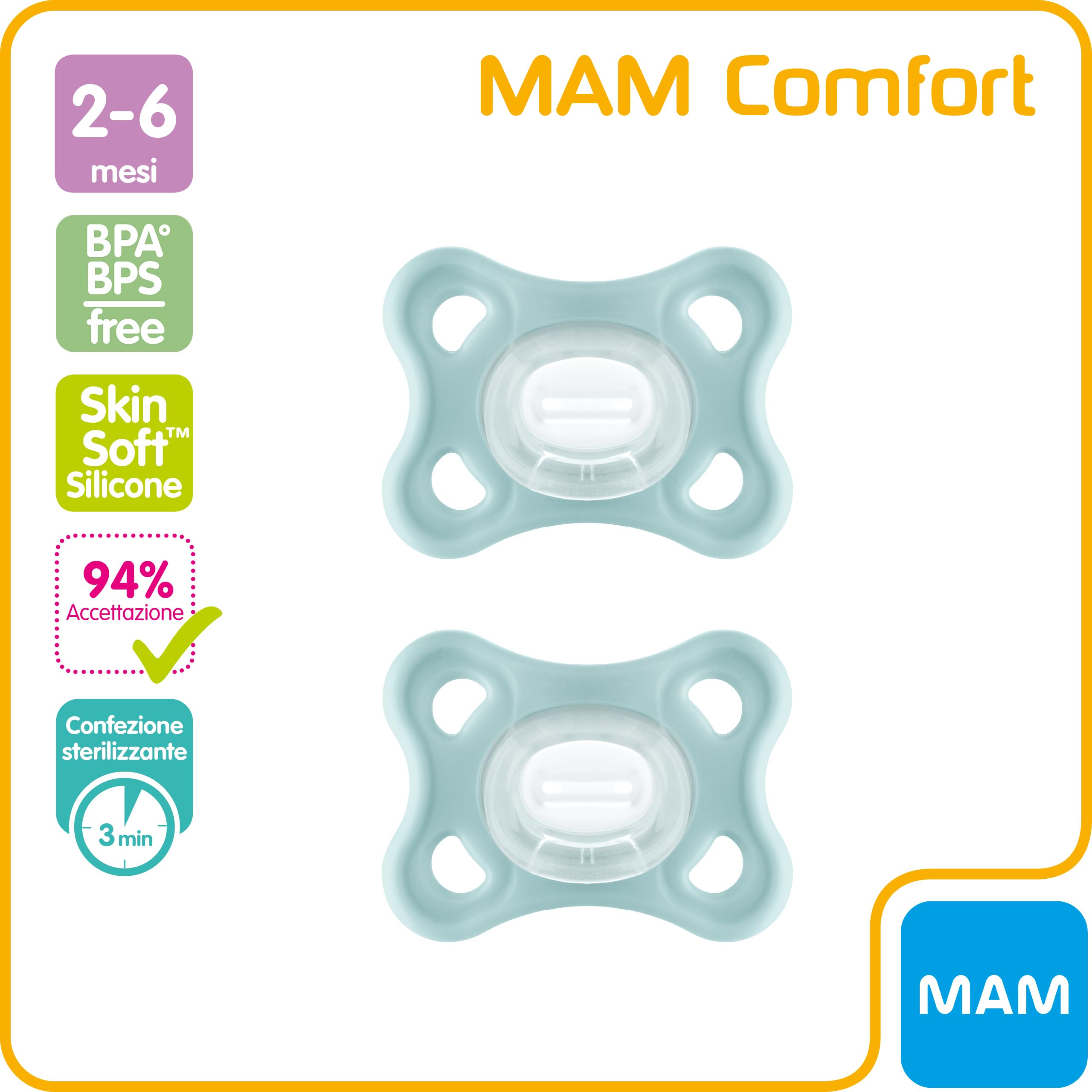 MAM Comfort Ciuccio in Set da 2, 100% Silicone, con Custodia Porta Succhietto, 2-6 mesi, Neutro