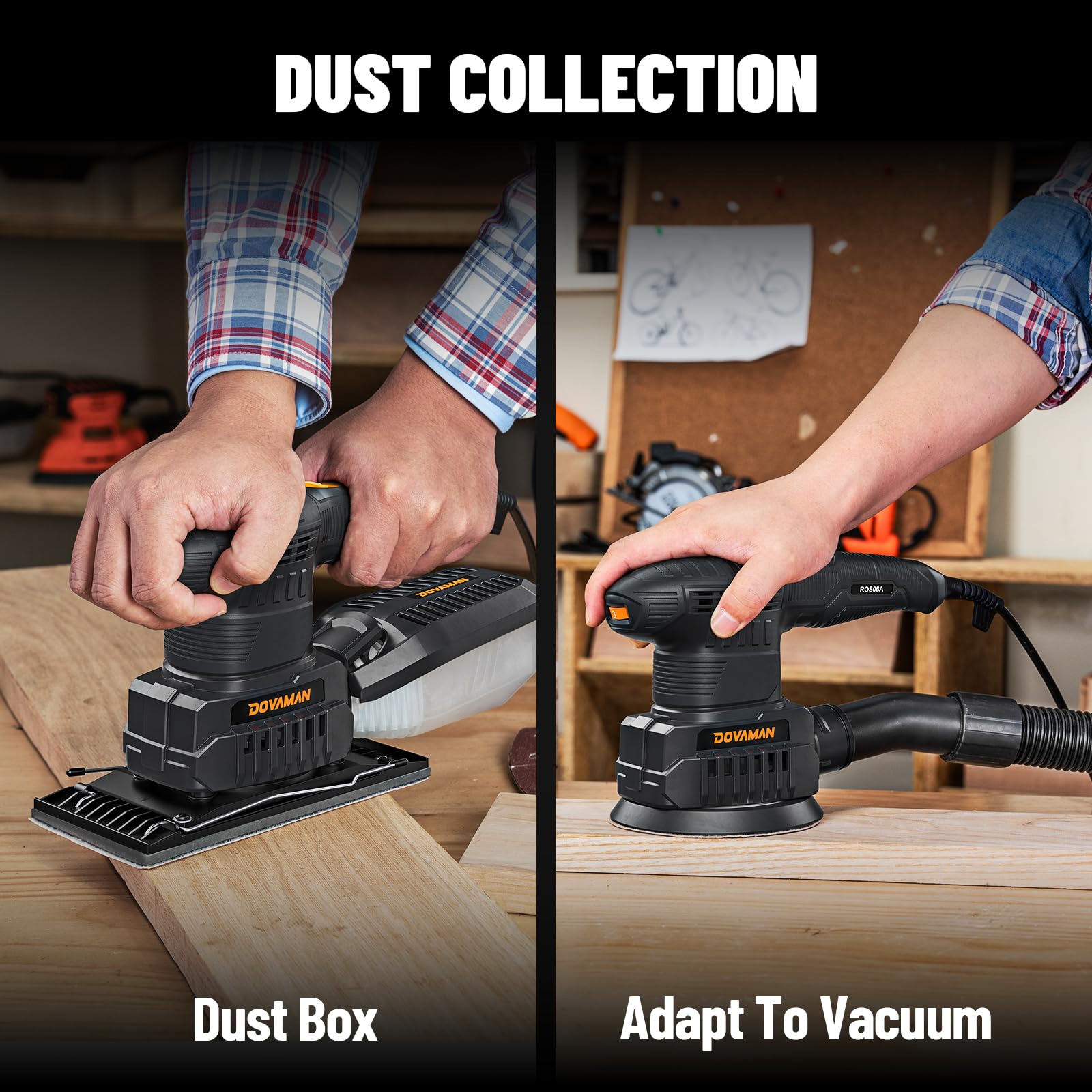 DOVAMAN ROS06A Levigatrice Multifunzione 3-in-1, 200W, 6 Velocità, 15 Carte Abrasive, Bassa Vibrazione, Aspirazione della Polvere, Levigatrice Mouse, Orbitale, Eccentrica per Legno e Acciaio