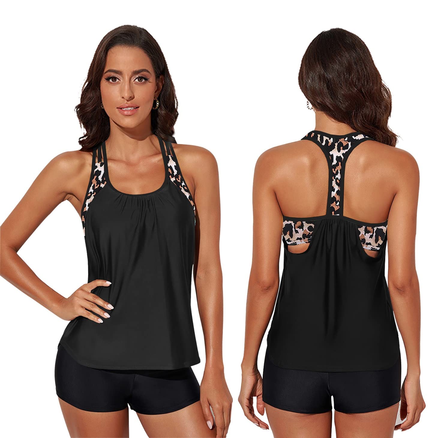 2-Piece Tankini Women's Swimsuit Tummy Control Swimsuit Tank Top with Boxer Sporty Boys Shorts