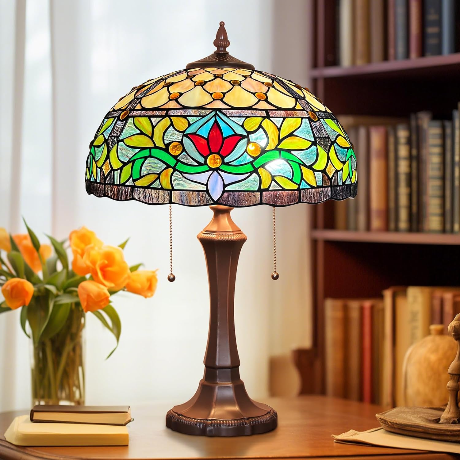 Capulina Tiffany Lamp Stained Glass Table Lamp 2-Light 16X16X24 Inches Antique Rome Victorian Art Tiffany Style Desk Lamp for Bedroom Living Room Home Office