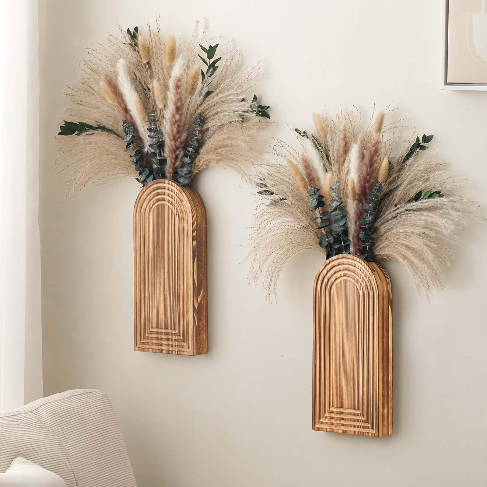 Uipame 2-Pack Wooden Wall Vase Set with Pampas Grass Eucalyptus