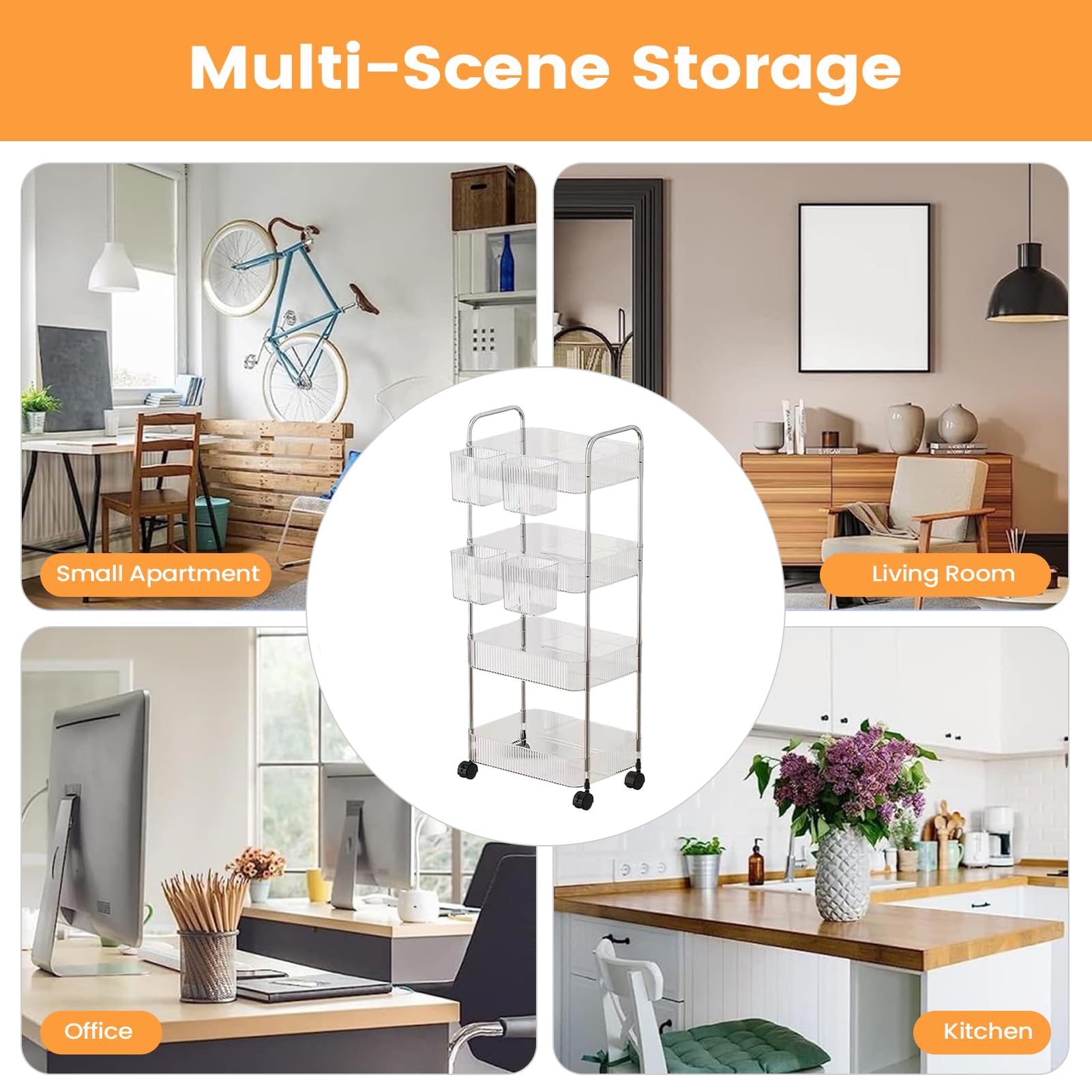 Utili Cart - Carrello multistrato in acrilico su ruote, soluzione versatile per ufficio, casa, cucina, bagno, trucco, lavanderia, dormitorio, artigianato, salone, camera da letto, dispensa