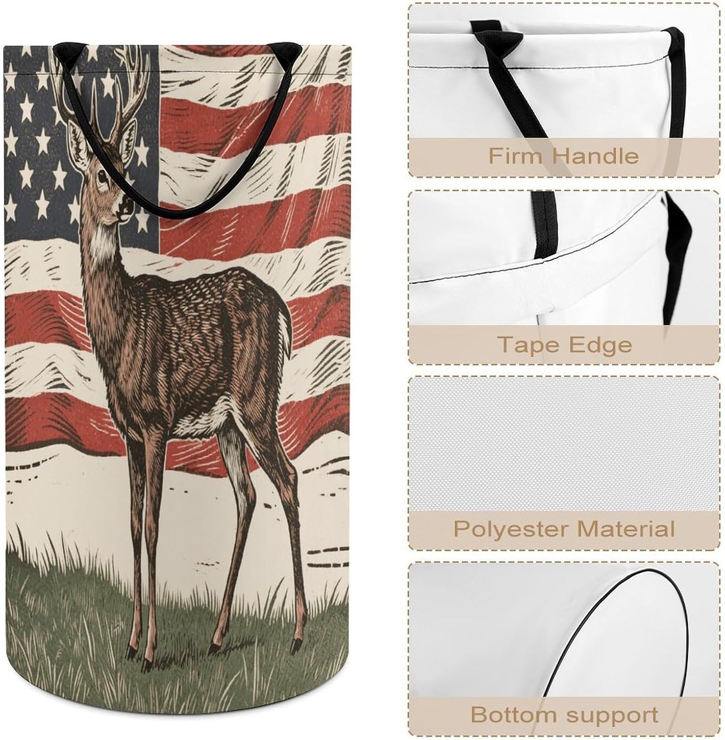 Deer American Flag Laundry Basket 86L Laundry Hamper | Collapsible Clothes Hamper with Reinforced Handles Waterproof Tall Foldable Dirty Clothes Basket for Hotel, Home, Closet