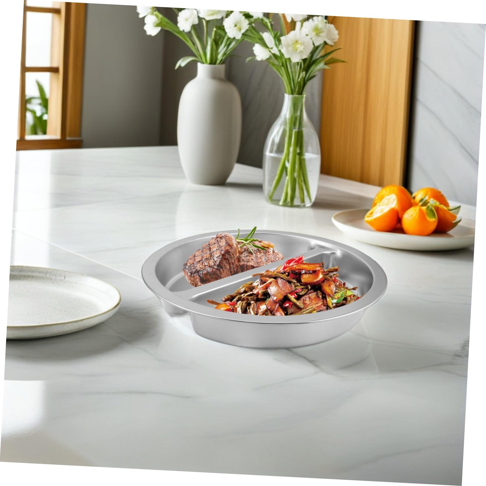 Chafing Dish Redondo de Acero Inoxidable 6 L con Doble Compartimento