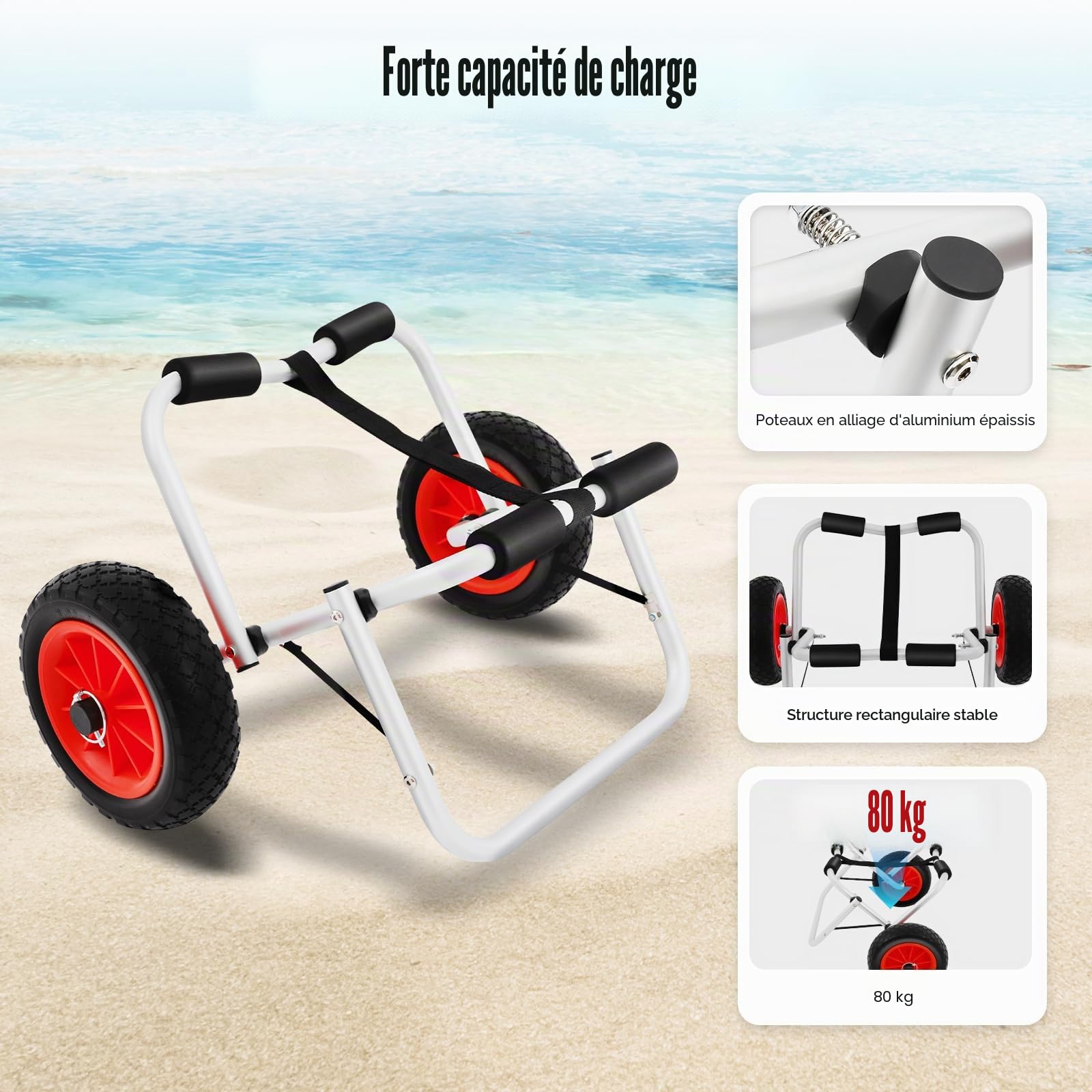 Chariot de transport en aluminium réglable pour canoë, kayak, pliable, jusqu'à 80 kg, remorque pour bateaux, canoës avec 2 roues gonflables en PU, chariot de transport pour bateaux, canoës