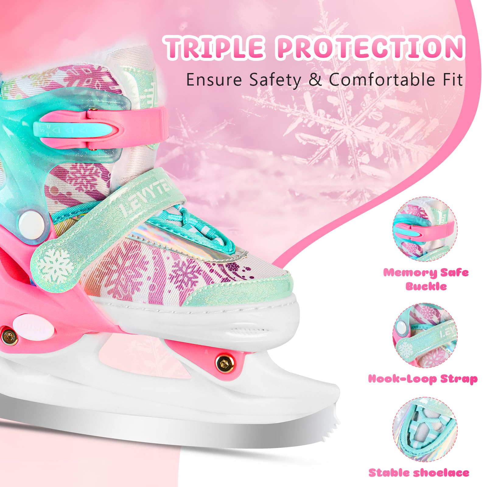 Patines de hielo ajustables para niños y niñas, forro polar cálido, 4 tamaños ajustables para principiantes, cuchillas de copo de nieve, soporte de tobillo, patines artísticos para exteriores
