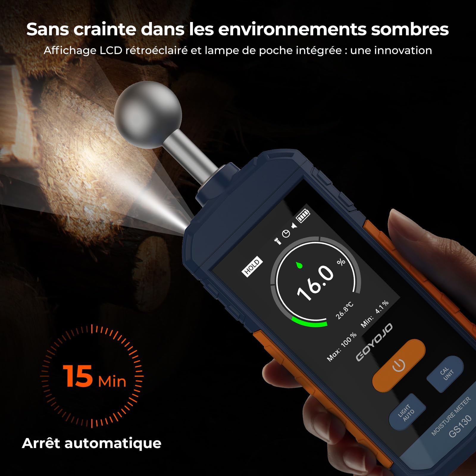 Testeur Humidité, GOYOJO Humidimètre Mural Rechargeable Avec Capteur à Bille de 5 à 40 mm, Analyses non Destructives pour Bois/Murs/Chantiers, Alarmes Réglables et Affichage de la Température