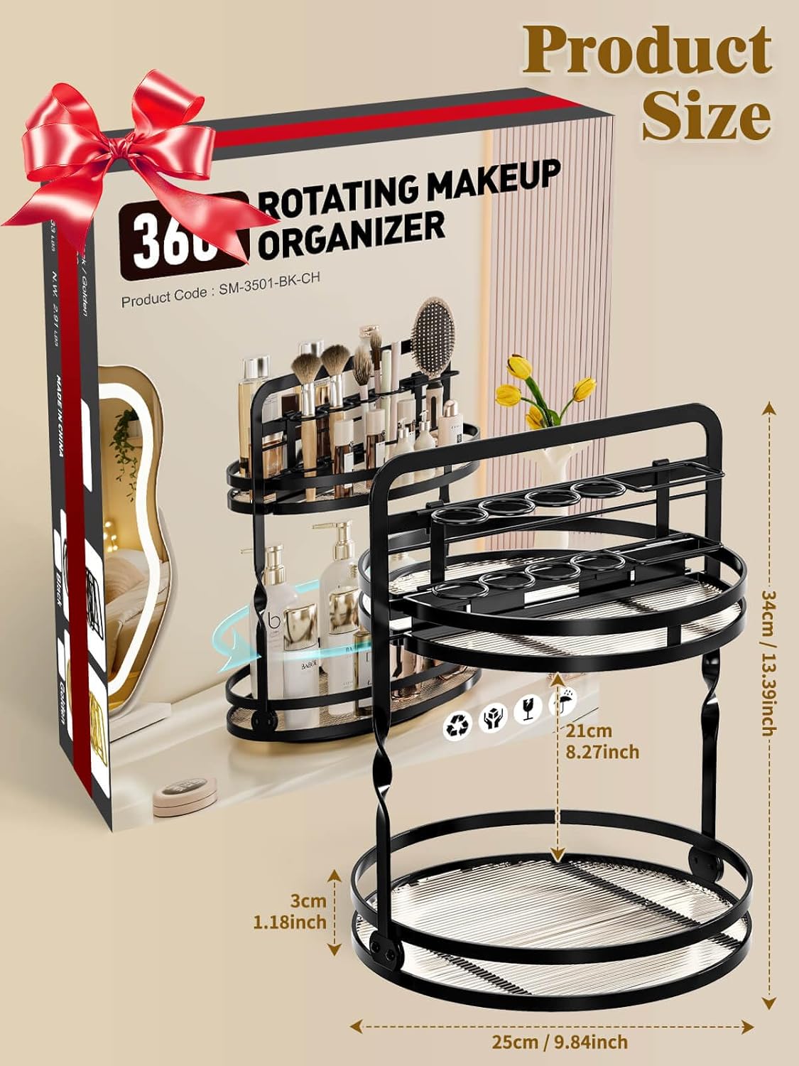 Rotating Makeup Vanity Organizer, 360 Spinning Perfume Organizer for Dresser, 2 Tier Bathroom Countertop Organizer, Black Lazy Susan Skincare Storage, Cosmetic Display Case with Brush Holder