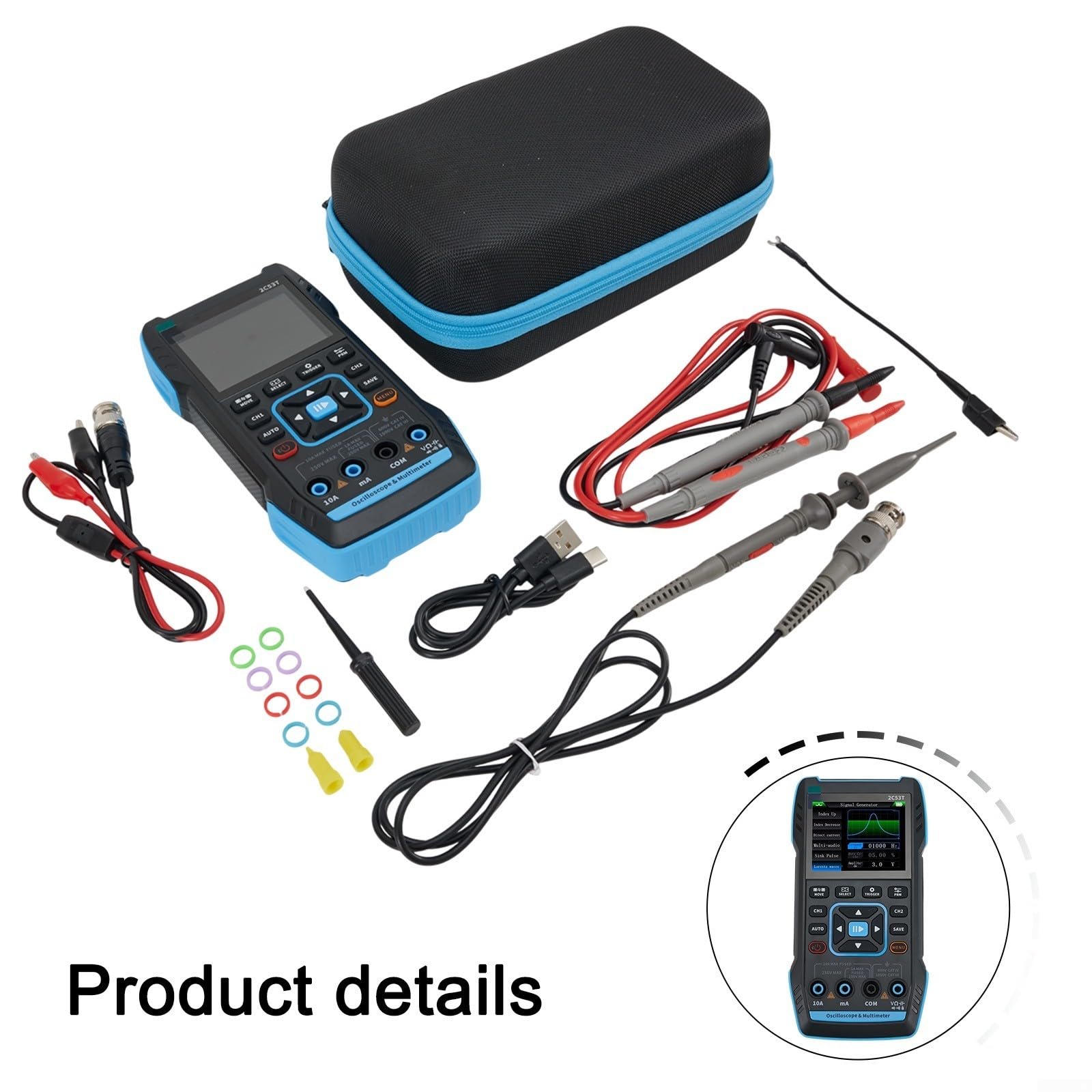 Osciloscopio digital 3 en 1 2C53T con generador de señal y multímetro, 50 MHz, LCD a color de 2.8 pulgadas, salida DDS paso de 1 Hz, guardado/exportación de forma de onda, para mantenimiento y