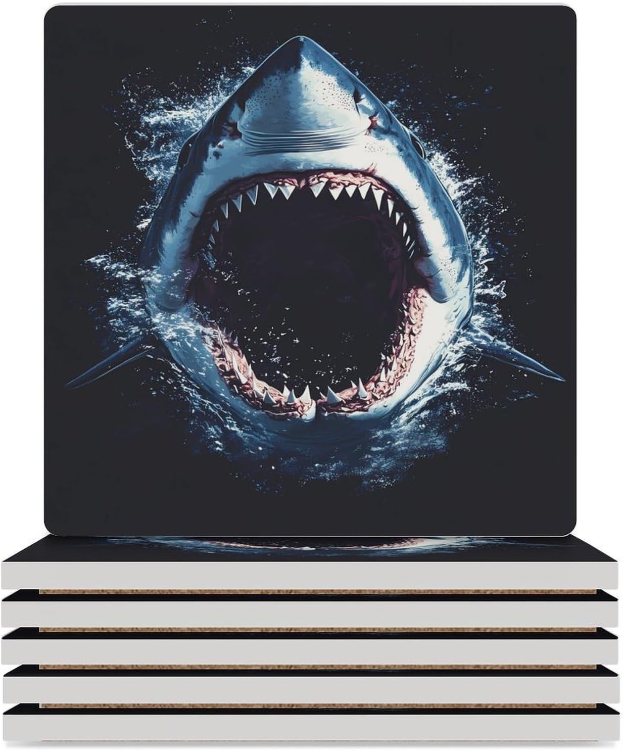 Ocean Shark (10) Ceramic Coasters Square Drinks Coaster Coffee Table Decor Table Coaster for Home Bar
