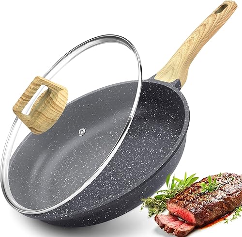 GiPP Sartén antiadherente con tapa, sartenes antiadherentes de granito gris de 8 pulgadas, sartén para tortilla con mango resistente al calor,