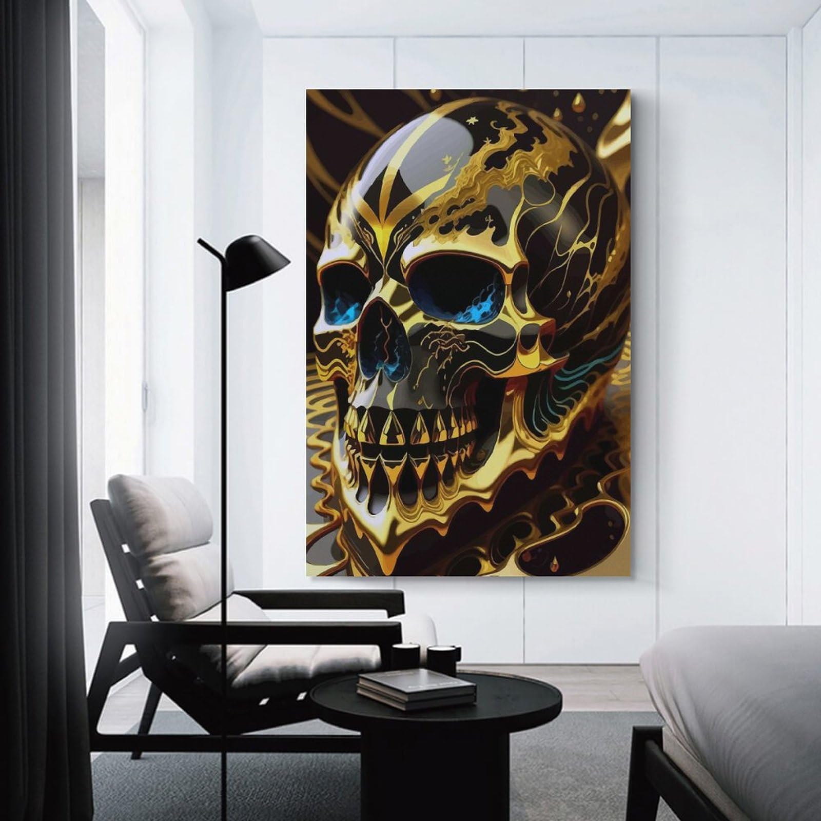 Junmoney Golden Skull Art Print Home Decor Wall Art 20x30inch(50x75cm), for Hallway, Bedroom Or Modern Interiors, Canvas Artwork with Gifting Potential