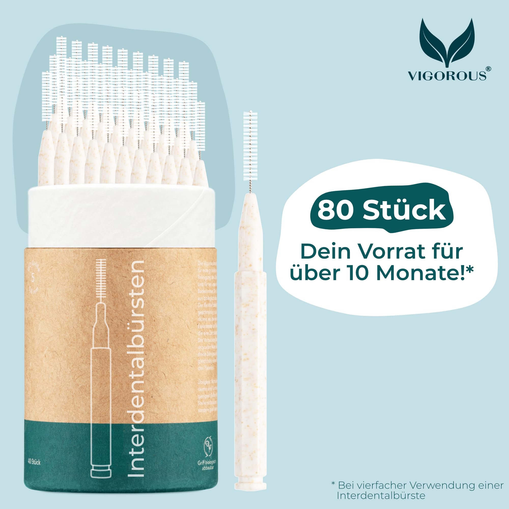 VIGOROUS® Confezione da 80 spazzole interdentali sostenibili – ISO 4, 0,7 mm – Spazzole interdentali per una pulizia accurata dei denti – Spazzole dentali – Pratici spazzolini da denti