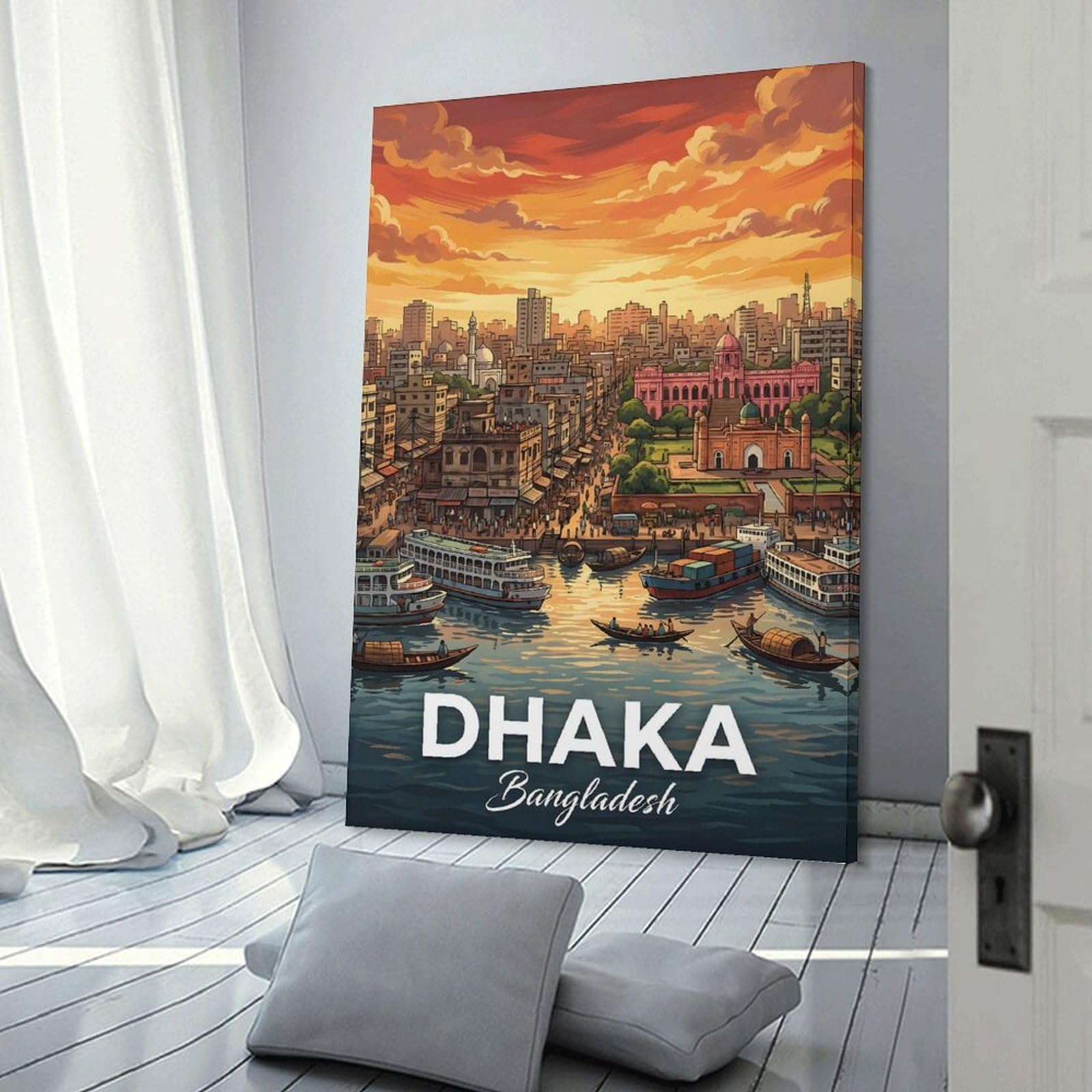 Junmoney Room Decor Wall Art Dhaka Bangladesh Cityscape with River, 20x30inch(50x75cm), for Hallway, Bedroom Or Modern Interiors, Gift Idea for Housewarming And Birthdays