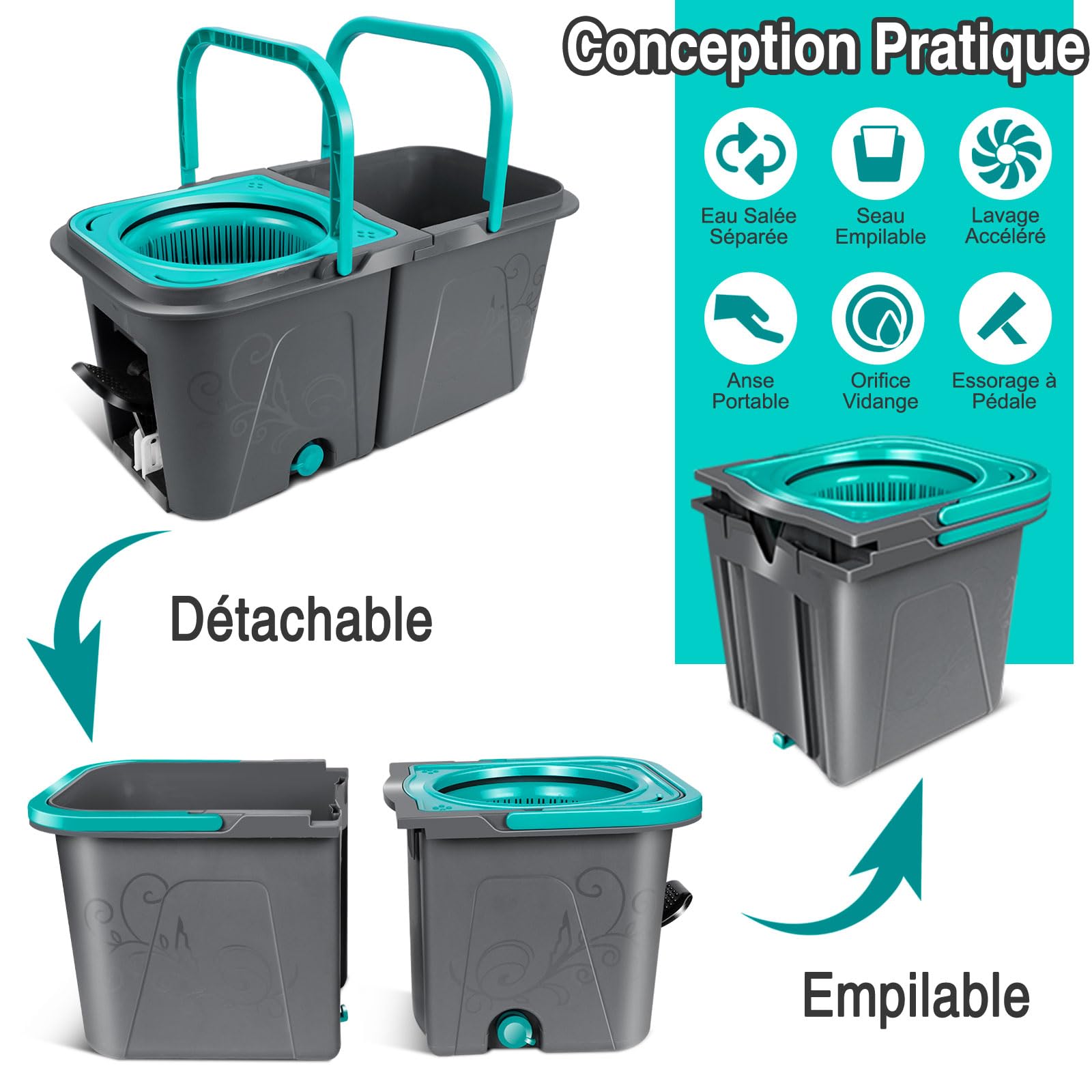MASTERTOP Balai à Franges et Seau Essoreur à Pédale, Seau Empilable de 2 Bacs à l'eau Sale Séparée, Serpillière Rotative 360° avec Manche Téléscopique et 6 Tampons Microfibre