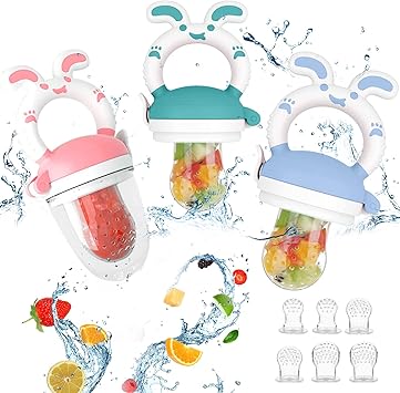 2 Sucettes à Fruits Pour Bébé + 3 Tétines Tailles S/M/L + 2 Brosses à Doigts – Sans BPA, Silicone Alimentaire, Vert Et Rose