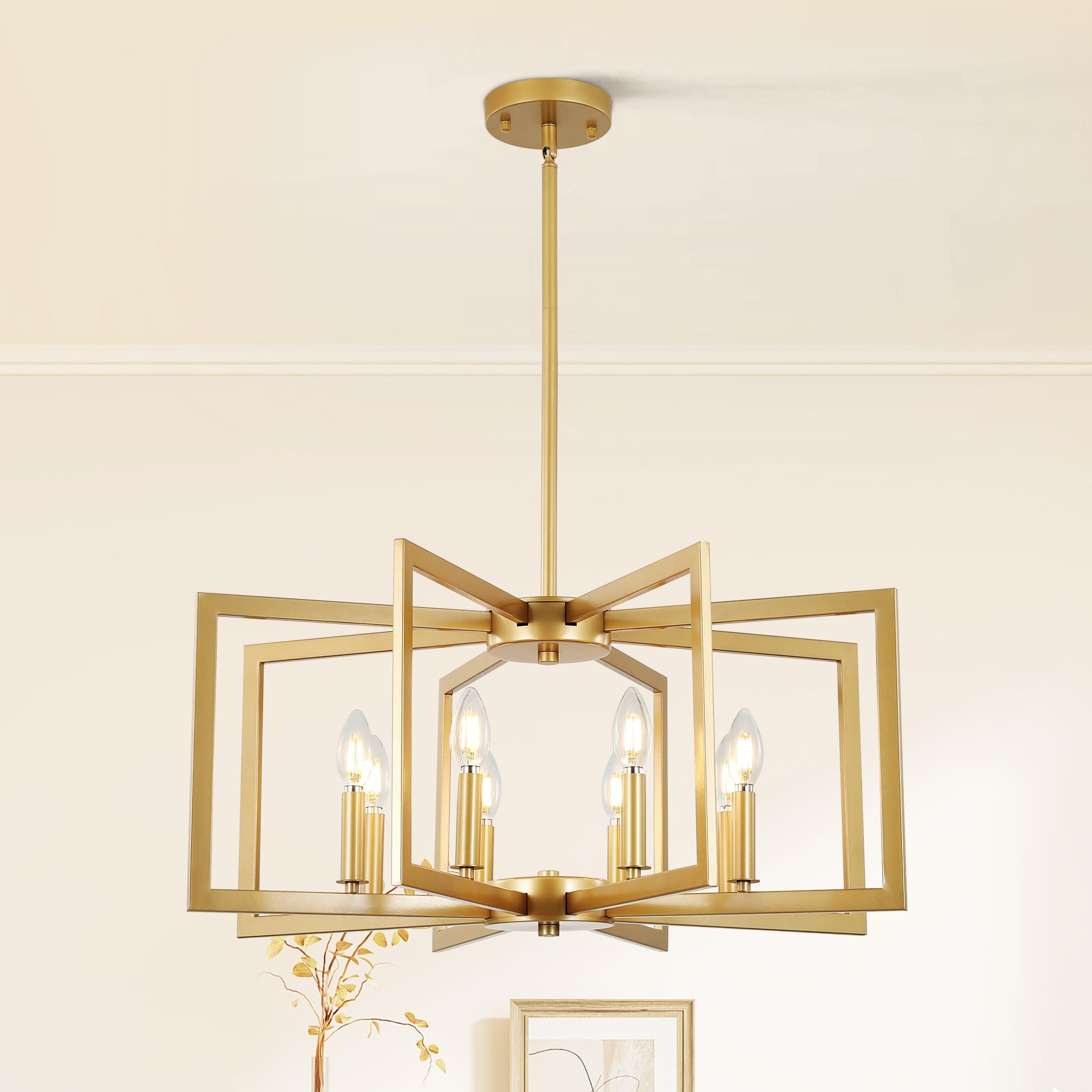 8-Light Modern Farmhouse Gold Geometric Chandelier, Large Industrial Metal Kitchen Light Fixtures, Rustic Cage Hanging Lights for Dining Room Entryway Foyer Living Room Stairway