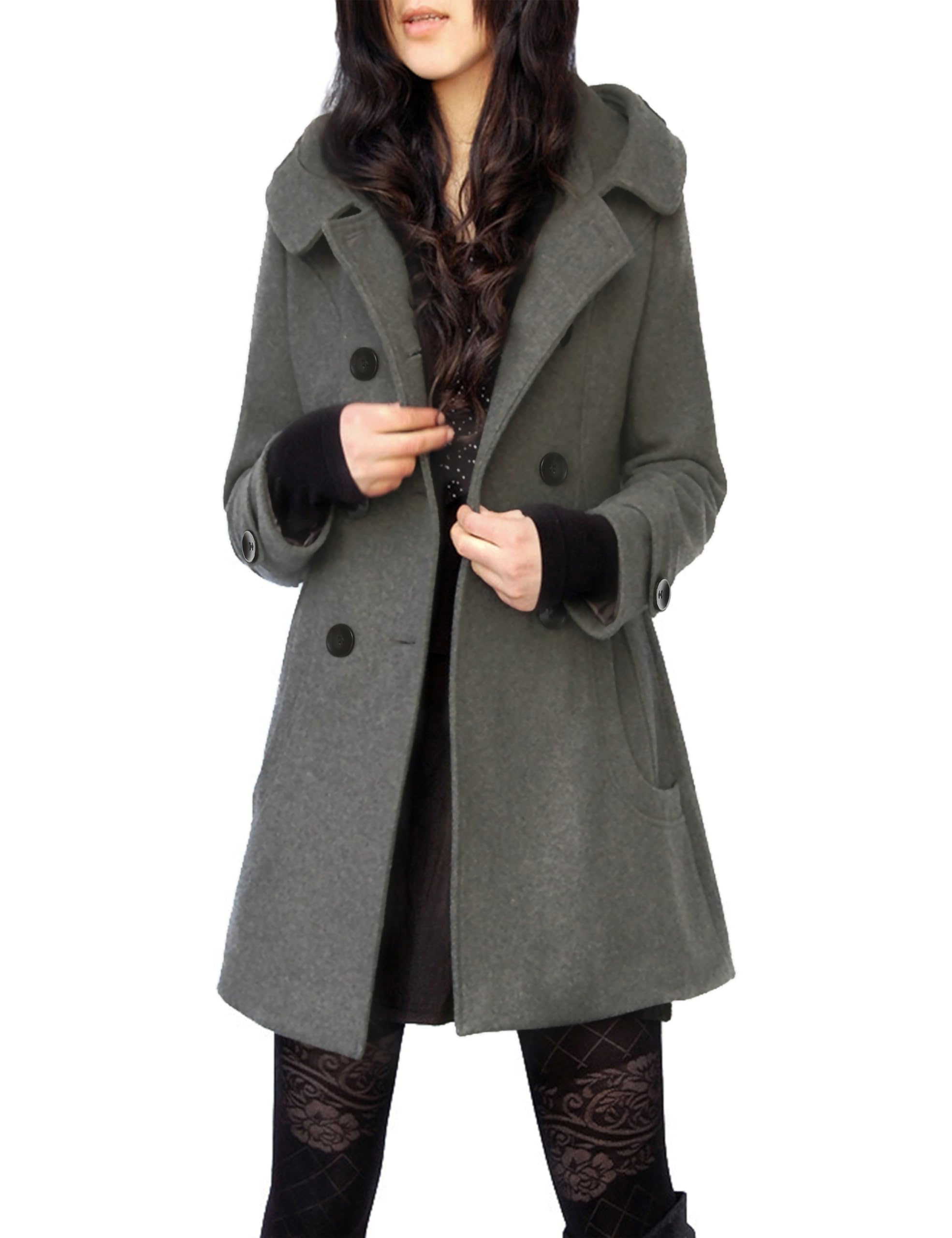 Women's Warm Double Breasted Wool Pea Coat Trench Coat Jacket with Hood