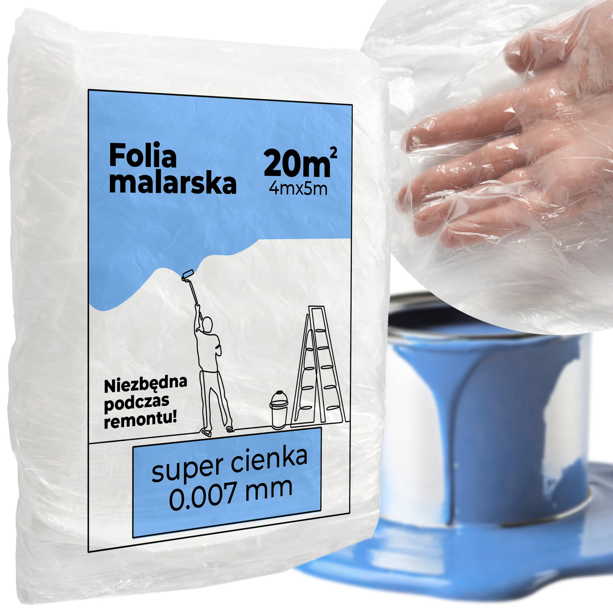 Folia Malarska SUPER Cienka 0.007mm Na Meble, Podłogi, Okna Ochronna Plandeka do Malowania 4x5m Wytrzymała Folia Osłonowa Powierzchni Podczas Malowania i Remontu Folia Ochronna Biała