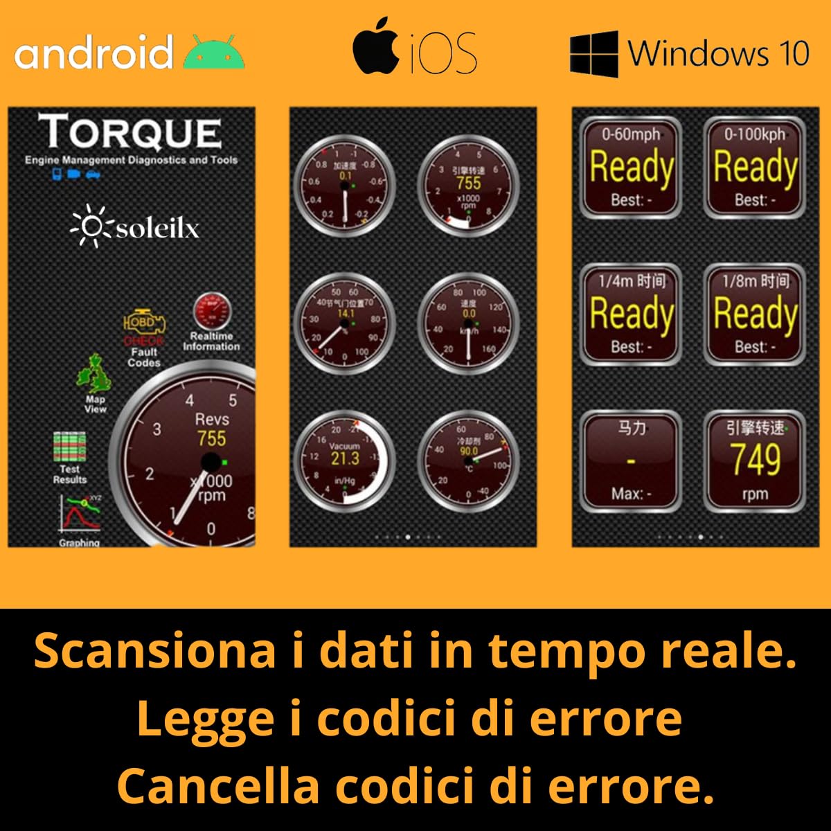 soleilx OBD2 Bluetooth, Scanner Diagnostico Auto Multimarca, Lettore per Diagnosi Veicoli Compatibile con iOS Android Windows
