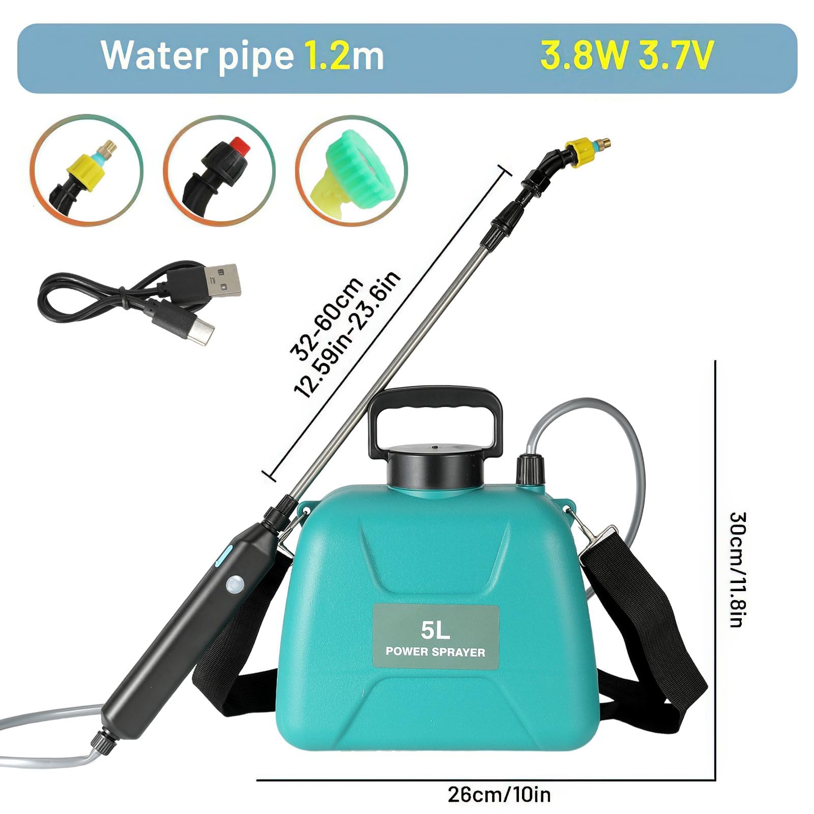 Pulverizador Electrico 5L,Sulfatadora Bateria,5 Modos de Rociado y Correa Ajustable,60 cm Varilla Pulverizadora Telescópica,Carga USB‑C,para Deshierbe, Fertilización y Riego