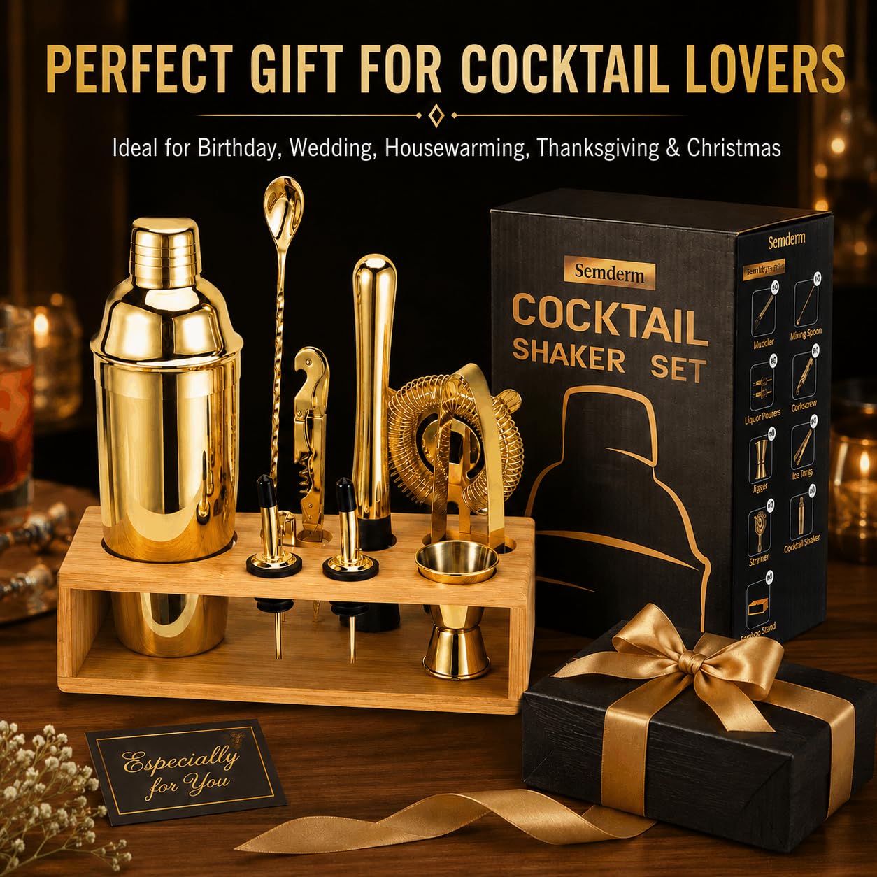 Gold Cocktail Shaker Set, Premium 18/8 Stainless Steel Mixology Bartender Kit with Stylish Bamboo Stand 10-Piece Bar Tools & Accessories for Home Bar for Men, Dad, Husband view 8