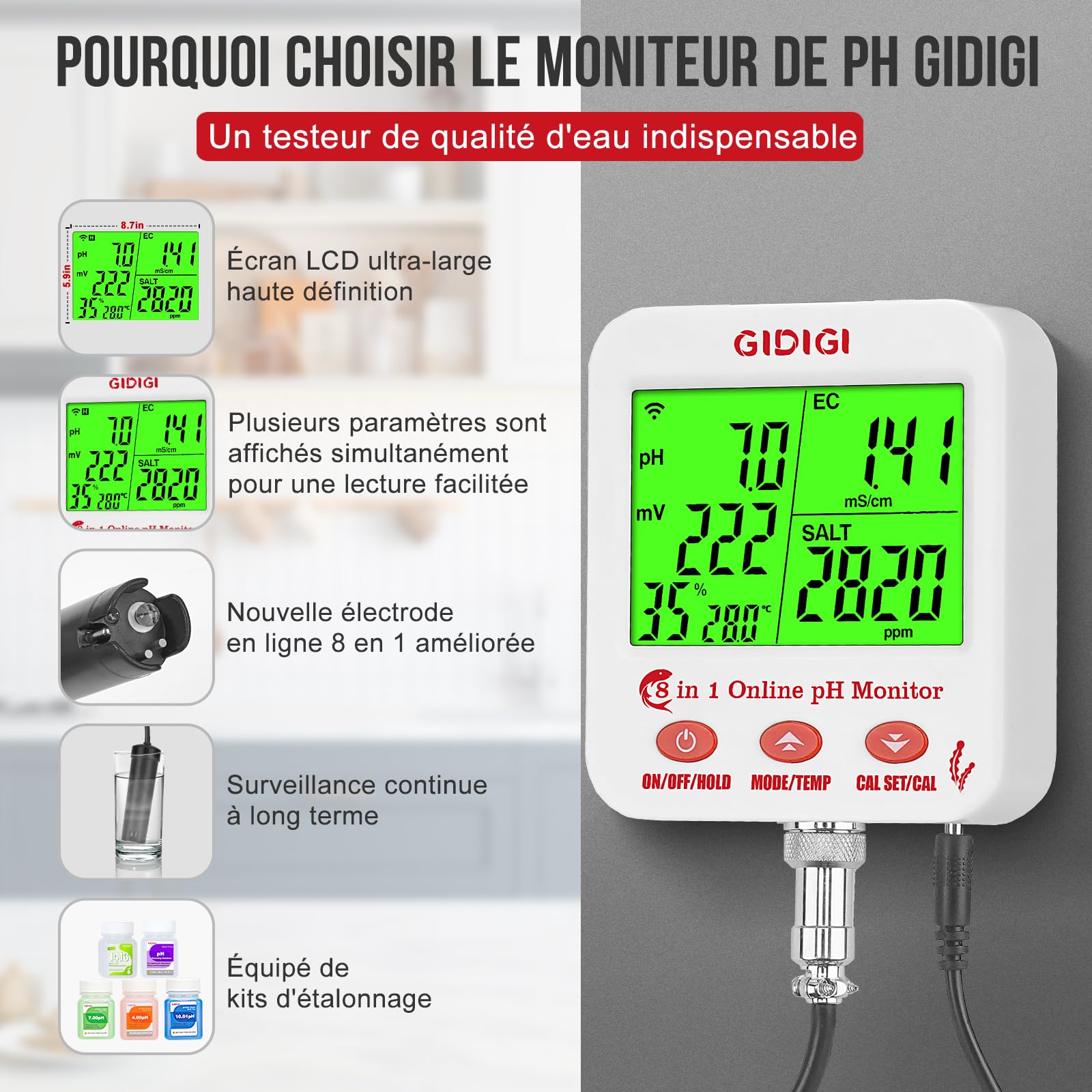 Moniteur de pH, EC et ppm pour l'eau, testeur de pH Wi-Fi pour hydroponique | 8 en 1 pour Aquarim,Surveillance continue du pH, ppm et EC du réservoir d'eau aéroponique DWC, surveillance 24 h/24 via Tuya