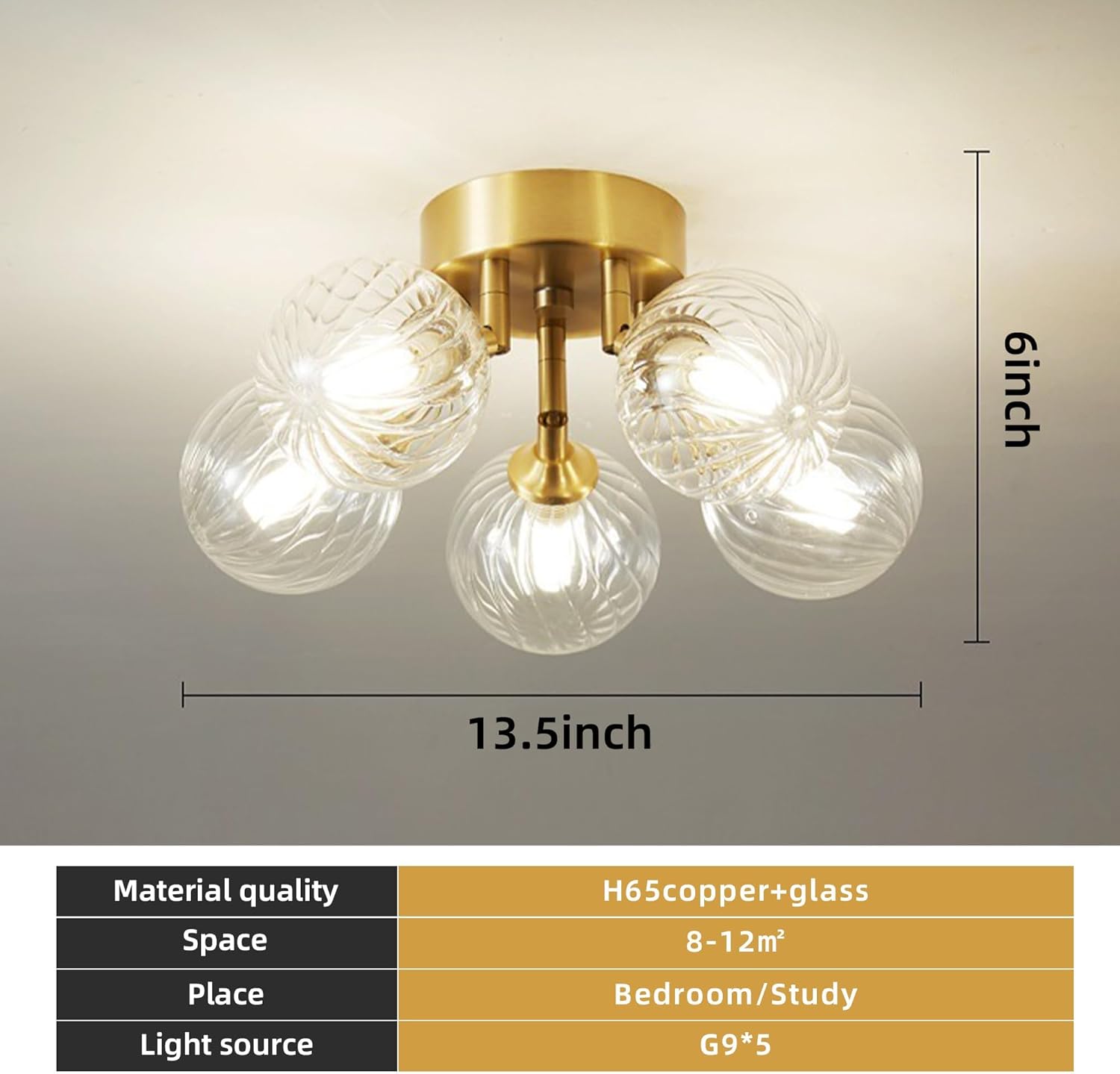 Semi Flush Mount Ceiling Bubble Light Fixture, 5-Light Gild Brass and Clear Blown Glass Globe Chandelier Dia13.5 Close to Ceiling Light Fixture for Halllway Kitchen Dining Room Bedroom Office Entryway