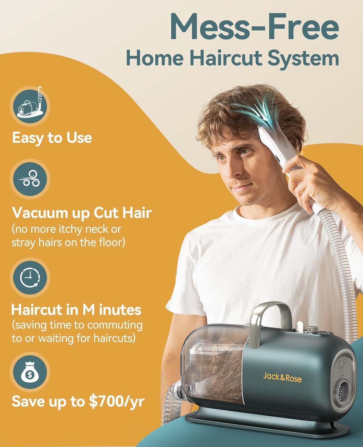 Jack ＆ Rose Haarschneidemaschine mit Staubsauger, Haartrockner und Haarschineider 3 in 1,Luftgeschwindigkeit und Temperatur,12000 Pa Profi Haarschneidermaschine set mit 4 Pflegewerkzeugen haar