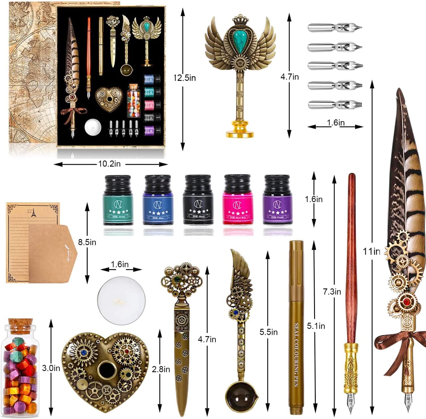 MPRINCE Quill Pen and Ink Set - Feather Pen, Wooden Pen, 5 Replaceable Nibs, Seal, Wax Beads, Envelope and Letter Paper - Green - Image 3