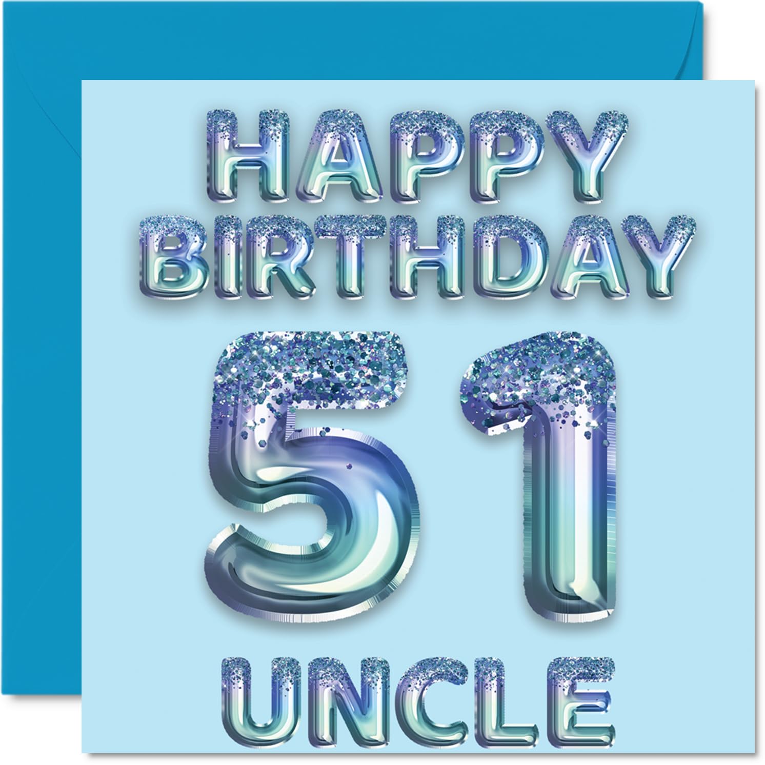 51st Birthday Card for Uncle - Blue Glitter Party Balloons - Happy Birthday Cards for 51 Year Old Uncle from Nephew Niece, 145mm Bday Greeting Cards Gift