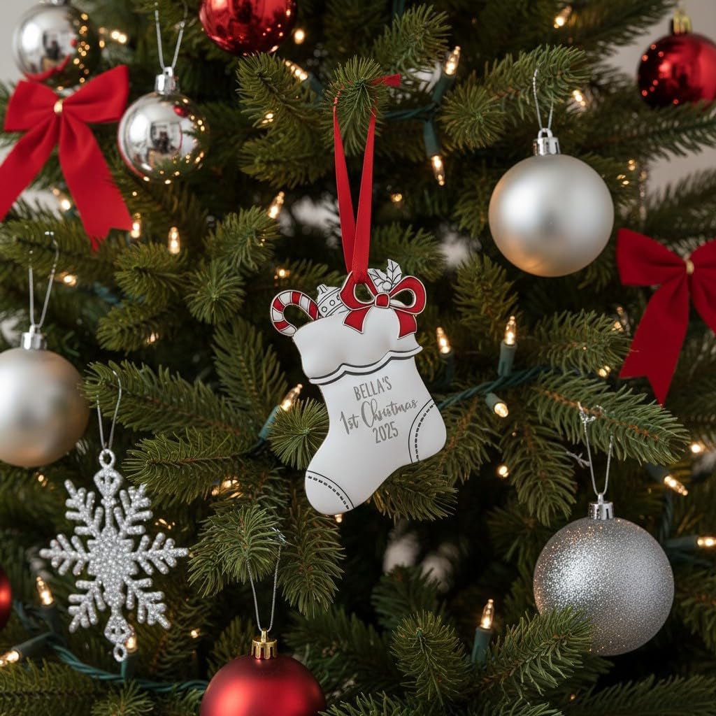 Personalization Universe Baby's 1st Christmas Silver Stocking Ornament, Custom Etched with Name and Year, Perfect Keepsake for Newborns, Baby Boys and Girls, Indoor Use